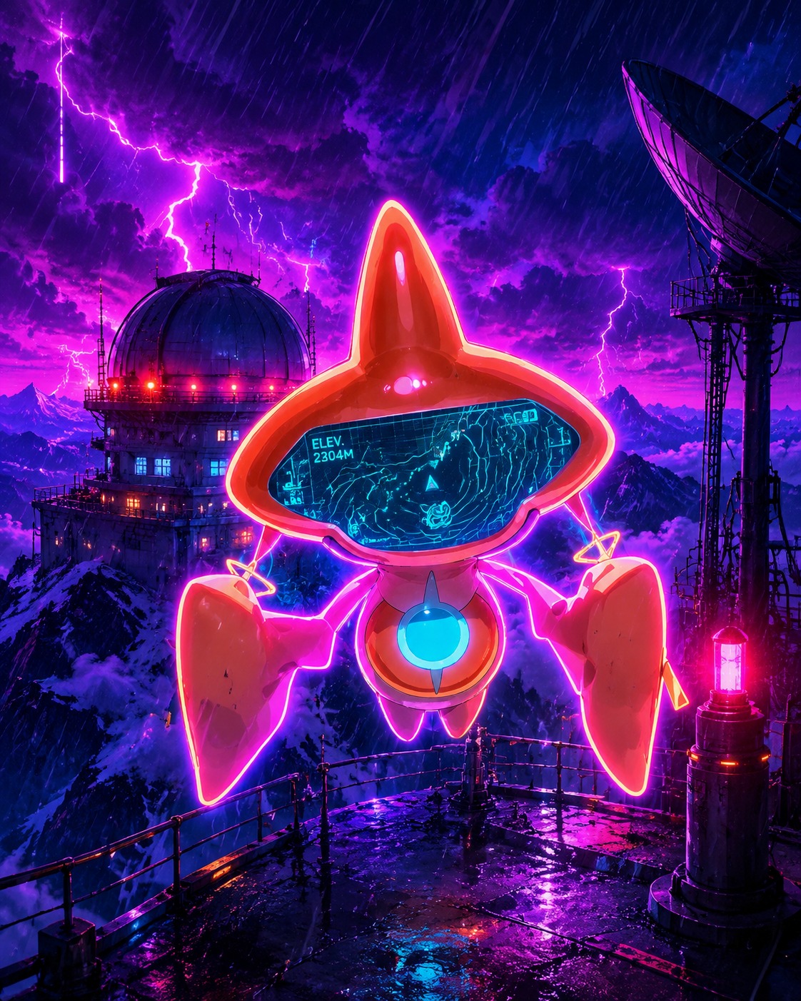 Displaying a digital map on its face At a stormy mountain peak observatory (vibrant neon synthwave, glowing outlines)