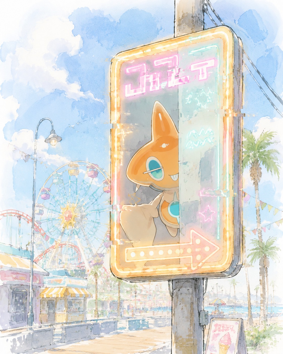 Hiding within a flickering neon billboard At a bright seaside amusement park (soft watercolor wash, minimalist sketch)
