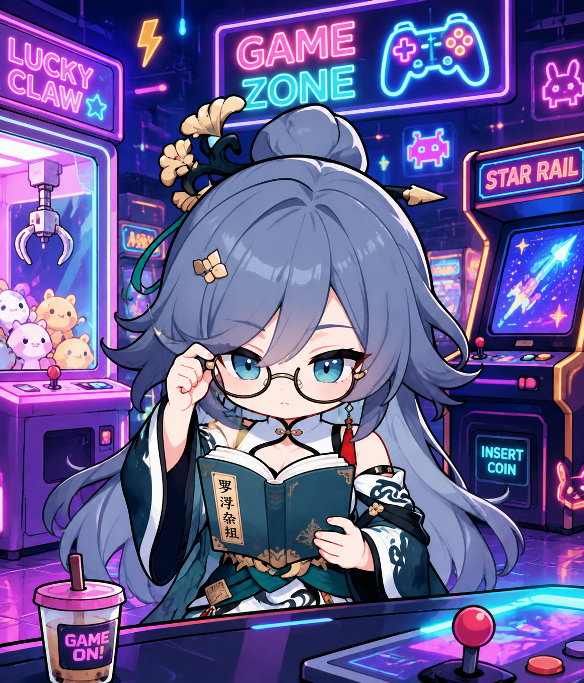 Adjusting her glasses while reading At a neon-lit urban arcade (cute chibi illustration, bright flat colors)