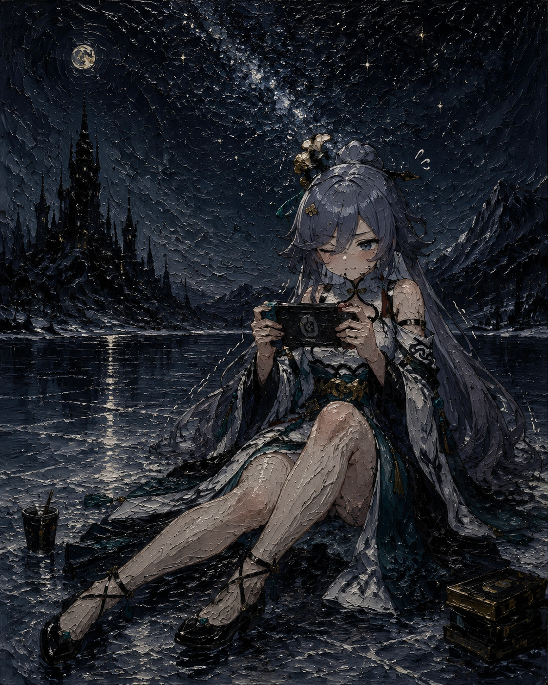 Clumsily playing a handheld video game On a frozen lake under the stars (dark gothic oil, heavy impasto texture)
