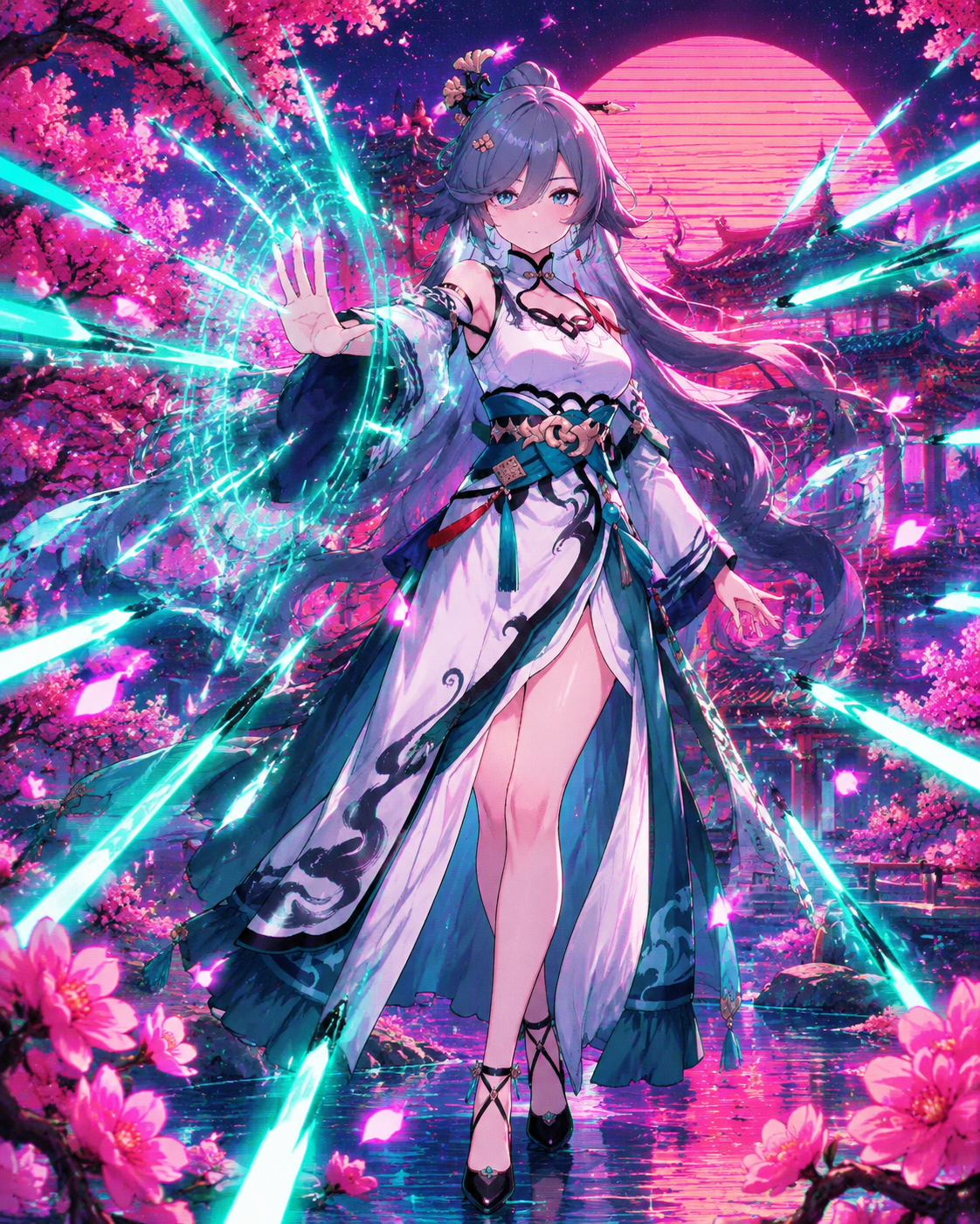 Deflecting a hail of energy projectiles In a lush peach blossom garden (vibrant vaporwave, neon pink and teal)