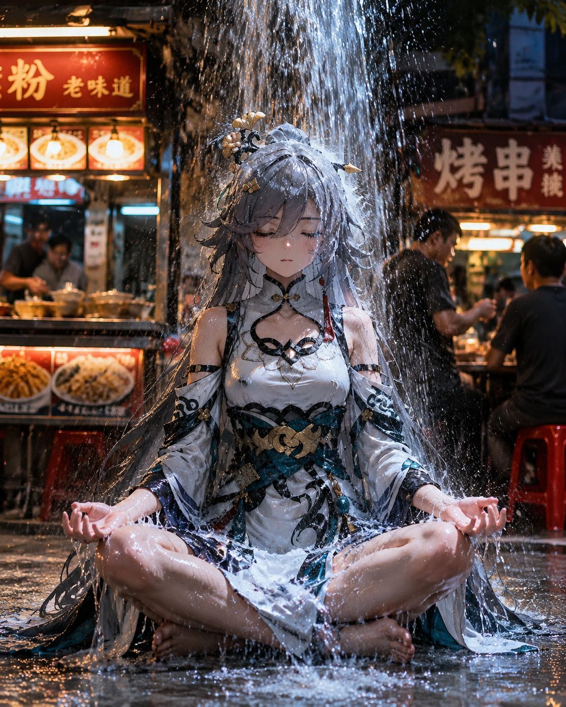 Meditating under a heavy waterfall At a bustling street food stall (hyper-realistic digital art, sharp focus)