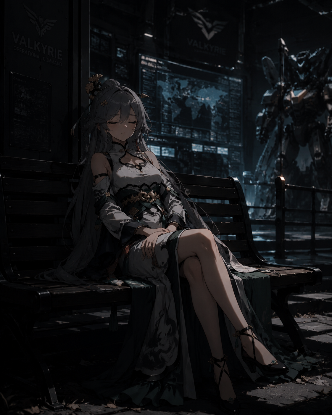 Napping on a quiet park bench At a high-tech Valkyrie command center (gritty cinematic noir, deep shadows)
