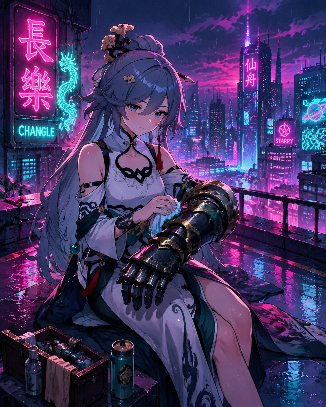 Polishing her heavy armored gauntlets On a rainy rooftop overlooking the city (vibrant vaporwave, neon pink and teal)