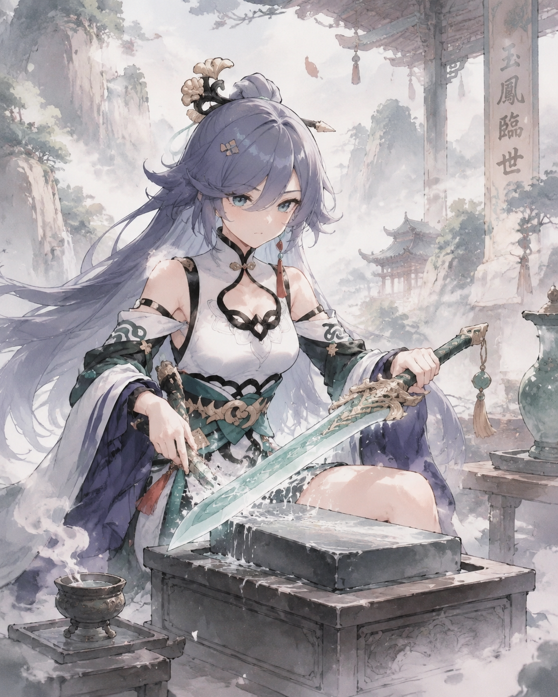 Sharpening a jade phoenix blade In a mist-shrouded mountain temple (soft pastel watercolor, whimsical atmosphere)