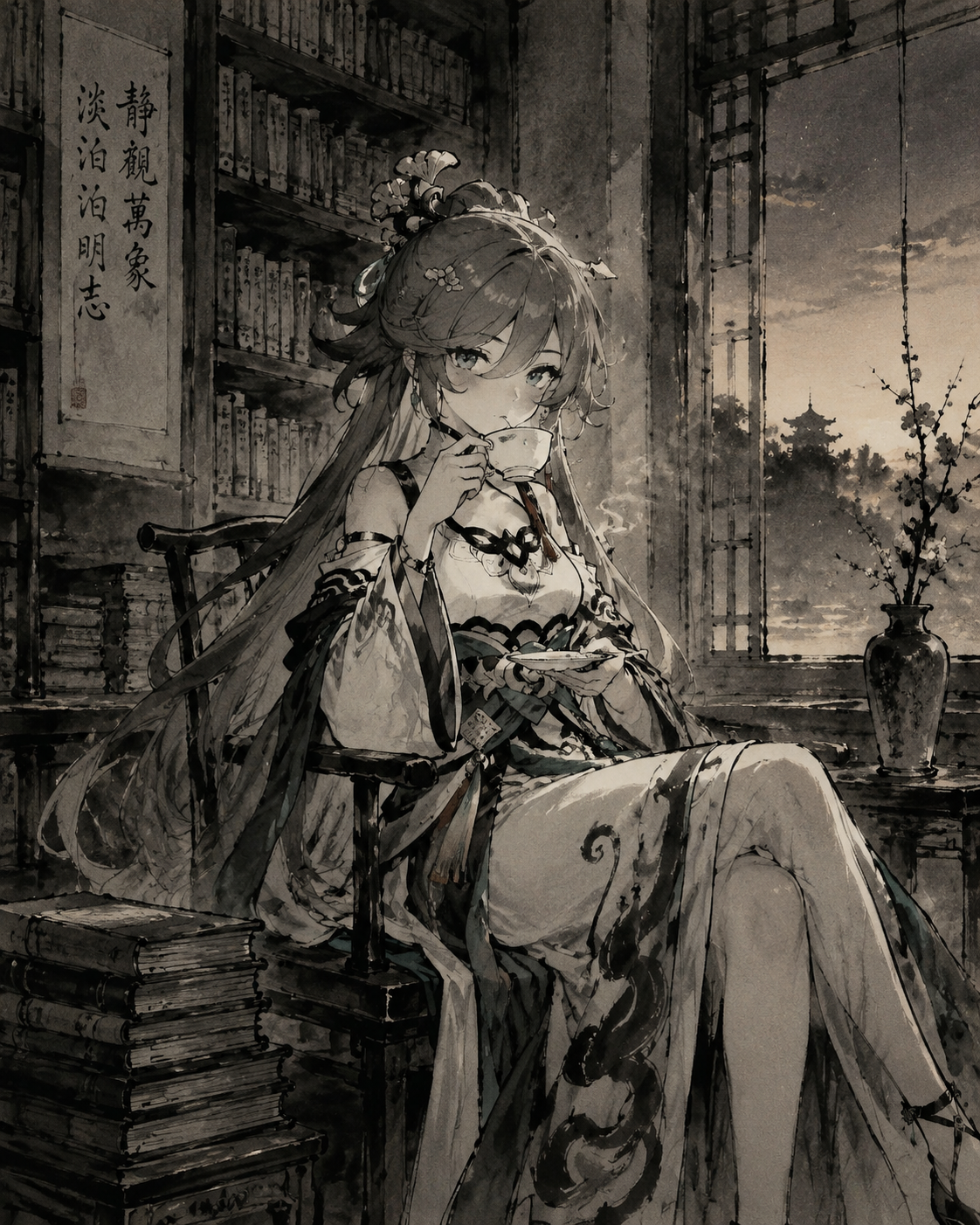 Sipping a cup of hot tea In a silent library at twilight (traditional ink wash painting, charcoal strokes)