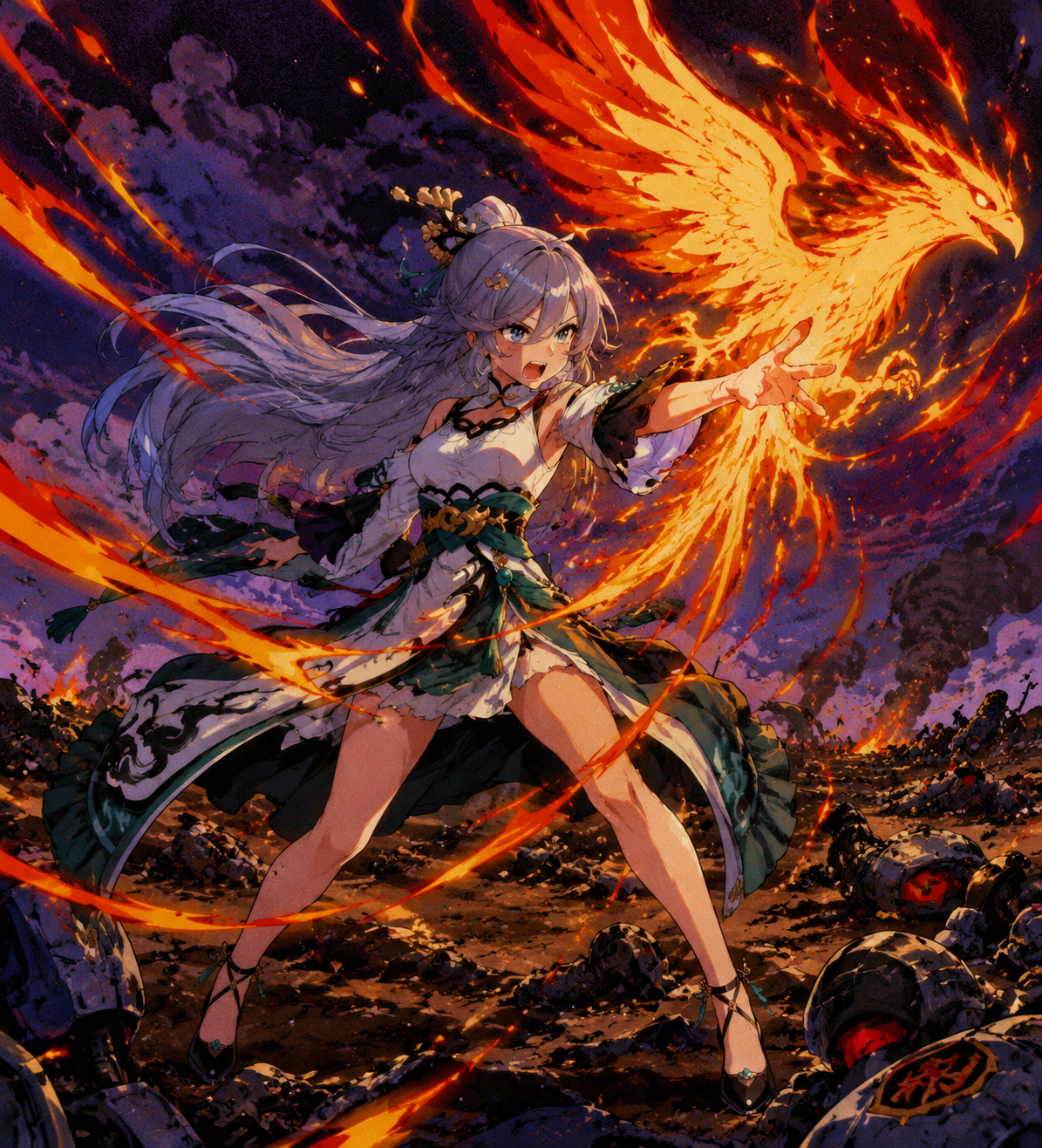 Unleashing a devastating phoenix strike On a battlefield littered with robotic debris (90s retro anime style, grainy cel shading)