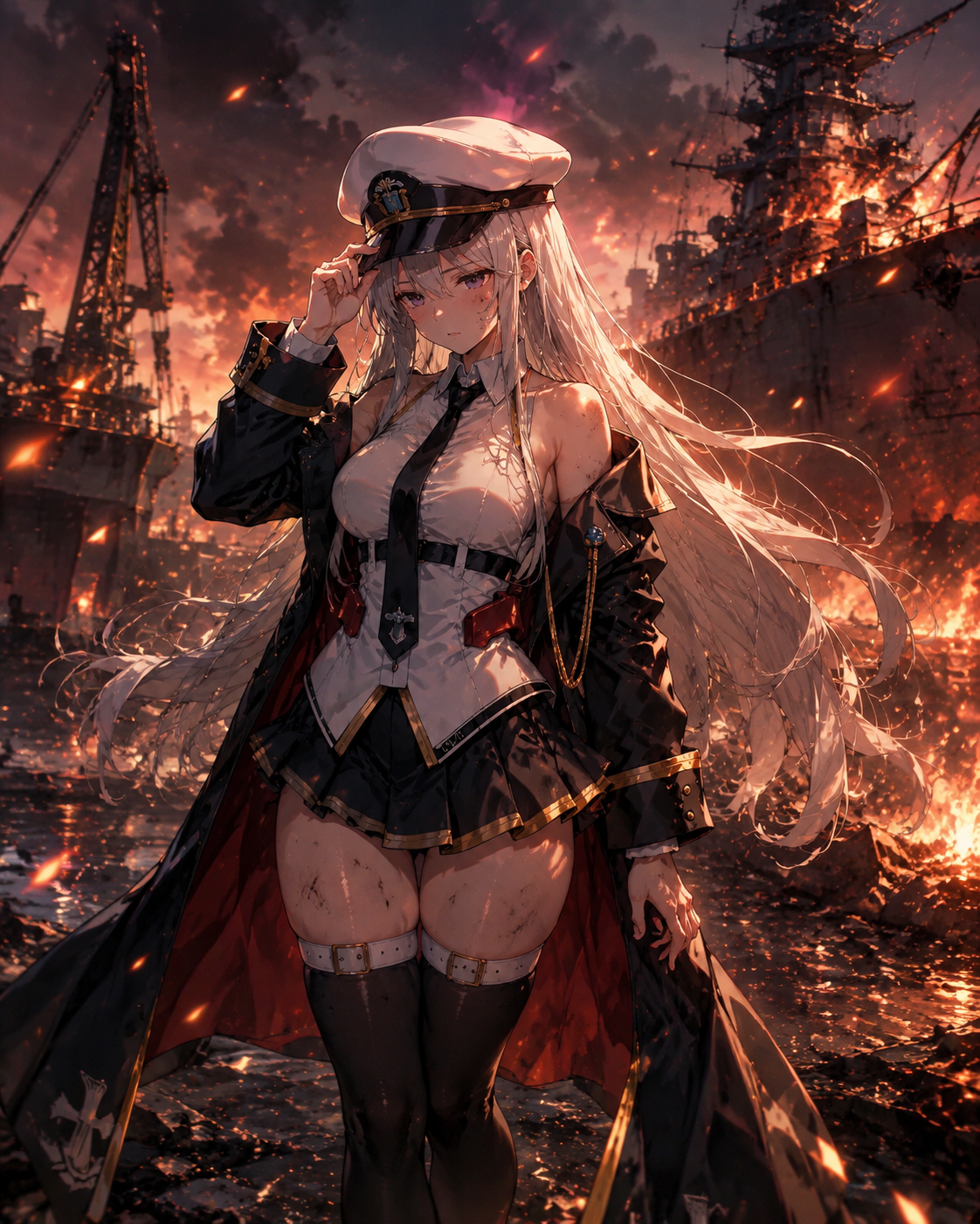 Adjusting her officer's hat with a weary expression At the edge of a burning naval shipyard (high-octane anime, glowing particle effects)