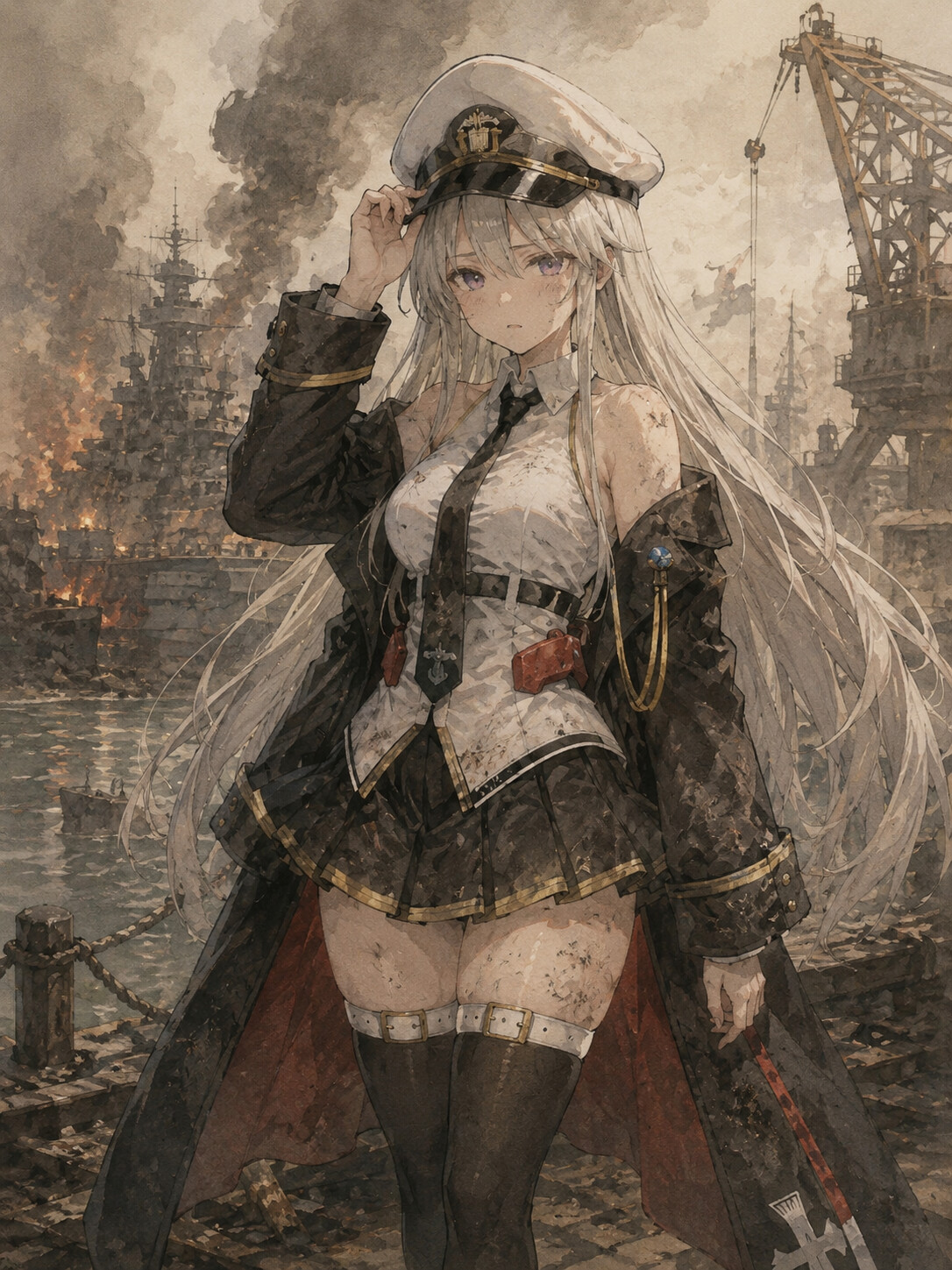 Adjusting her officer's hat with a weary expression at the edge of a burning naval shipyard (soft watercolor)