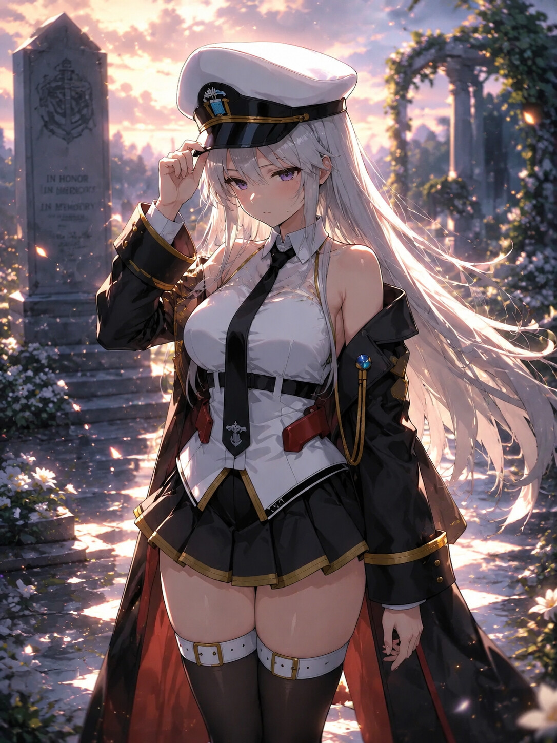 Adjusting her officer's hat with a weary expression in a quiet memorial garden at dawn (high-octane anime)