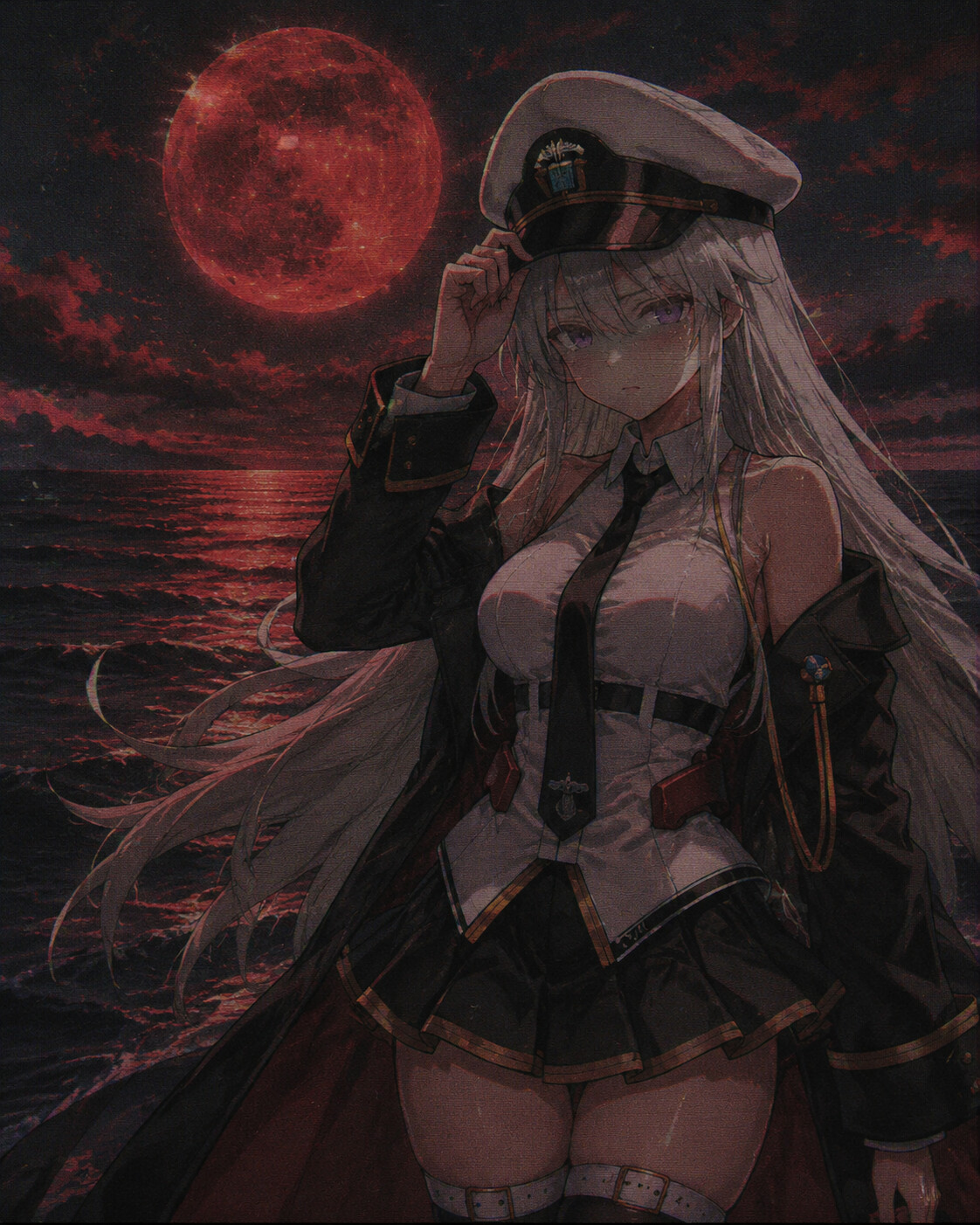 Adjusting her officer's hat with a weary expression on a desolate ocean under a blood-red moon (lo-fi aesthetic)