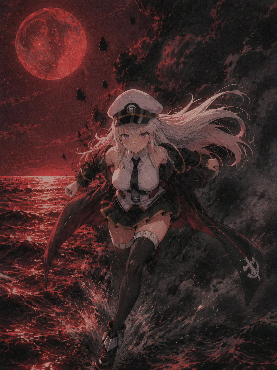 Charging through a wall of black smoke On a desolate ocean under a blood-red moon (lo-fi aesthetic, grainy retro anime filter)