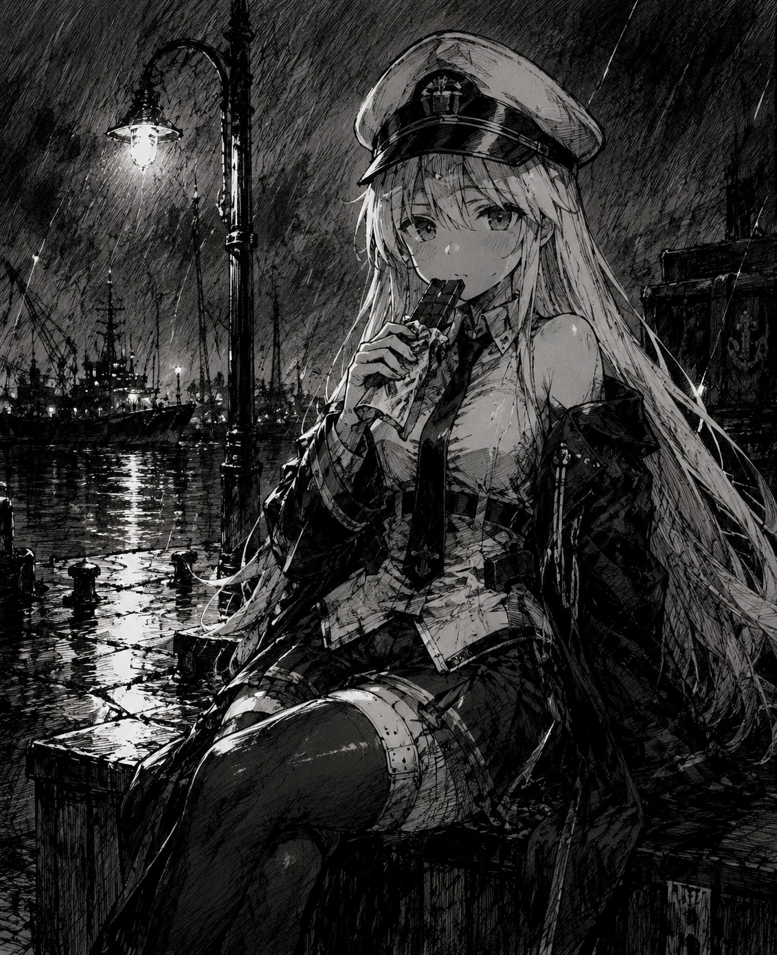 Eating a military ration bar in silence At a rainy harbor under a flickering streetlamp (moody ink sketch, heavy crosshatching)