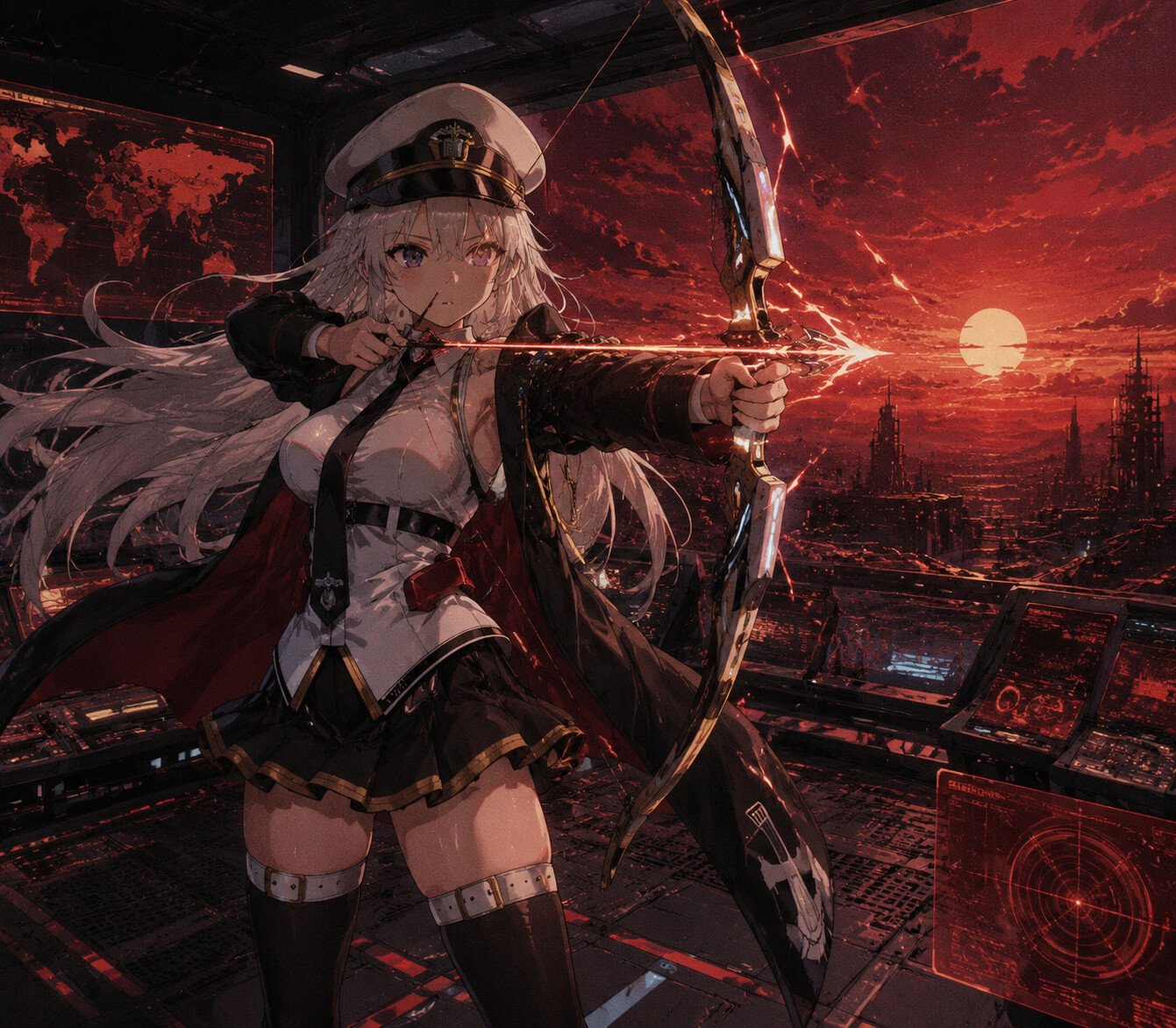 Firing her longbow into the crimson horizon in a futuristic command center with holographic displays (lo-fi aesthetic)