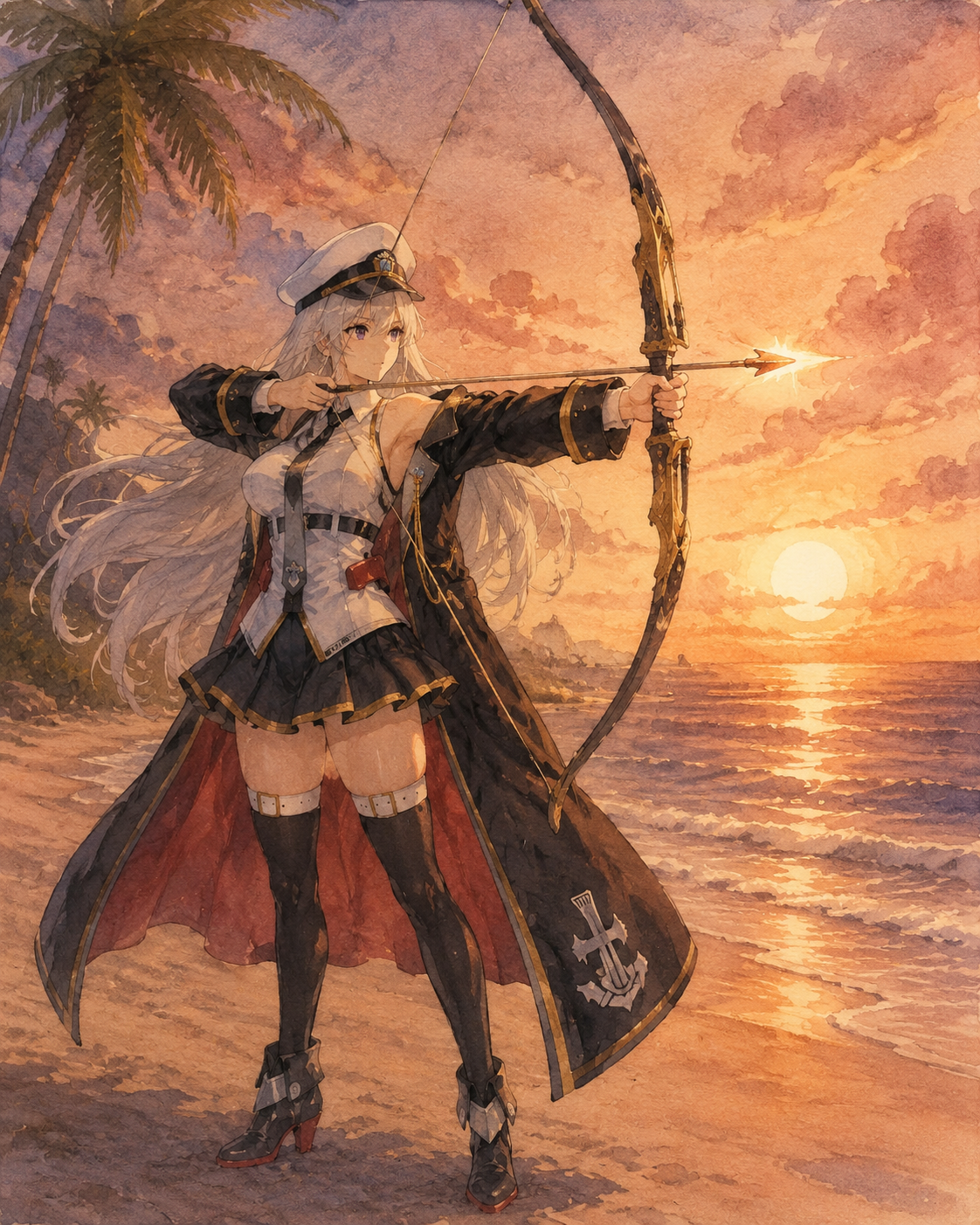 Firing her longbow into the crimson horizon On a tranquil beach during a golden sunset (soft watercolor, muted vintage tones)