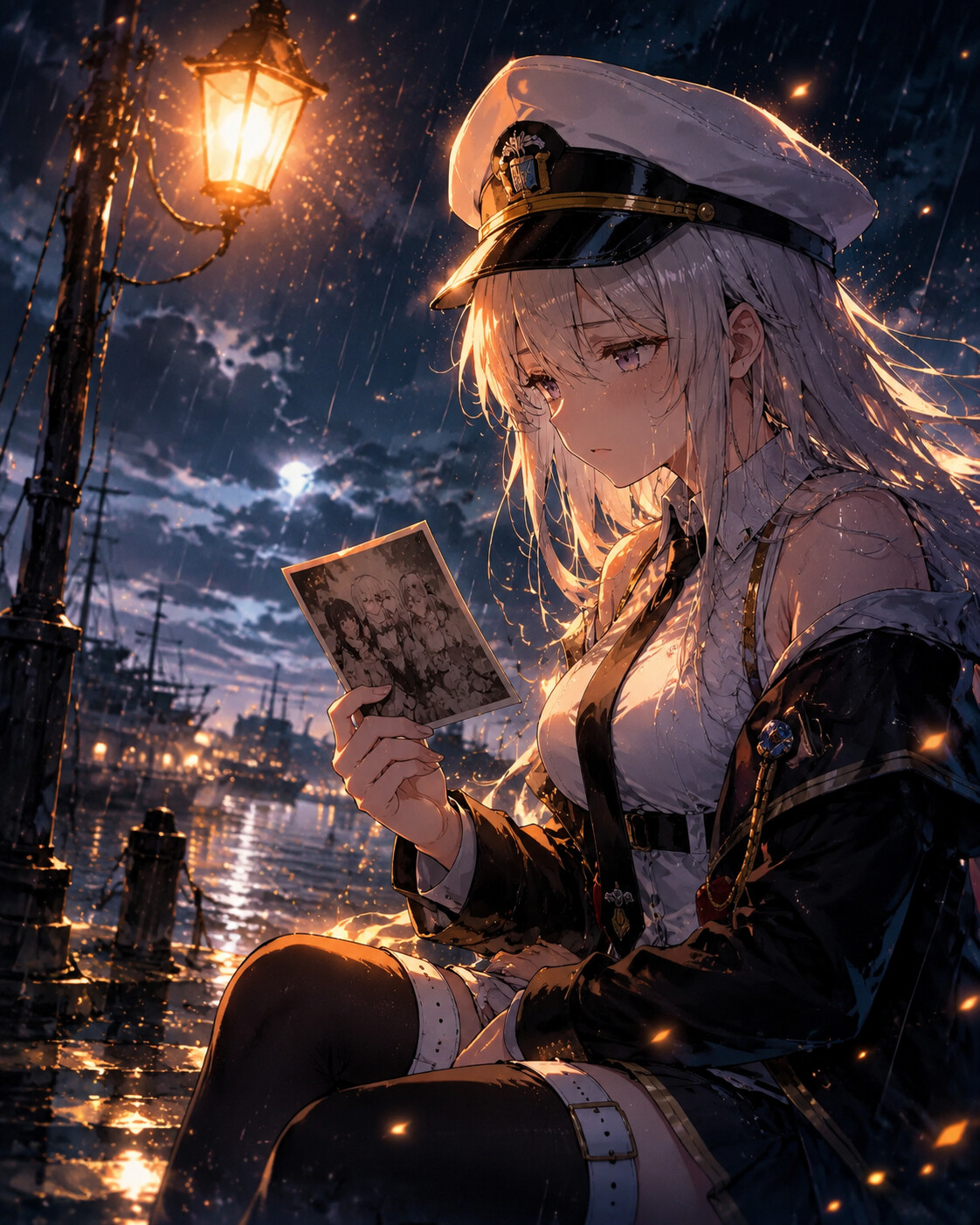 Gazing at a faded photograph of her sisters at a rainy harbor under a flickering streetlamp (high-octane anime)
