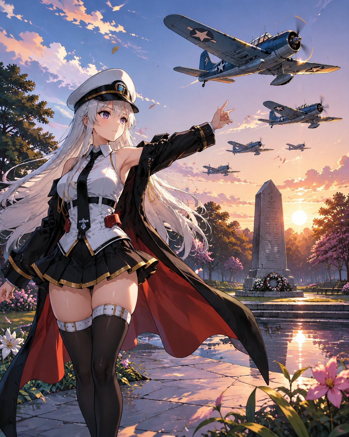 Launching a squadron of sbd dauntless dive bombers In a quiet memorial garden at dawn (sharp cel-shaded digital art, vibrant colors)