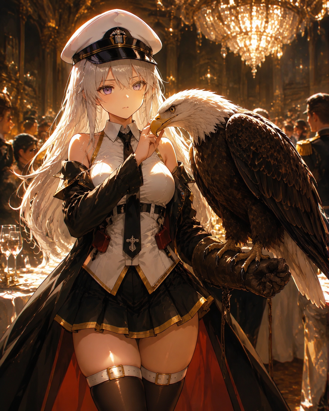 Petting an eagle resting on her gloved arm At a crowded celebratory banquet under bright chandeliers (cinematic oil painting, dramatic rim lighting)
