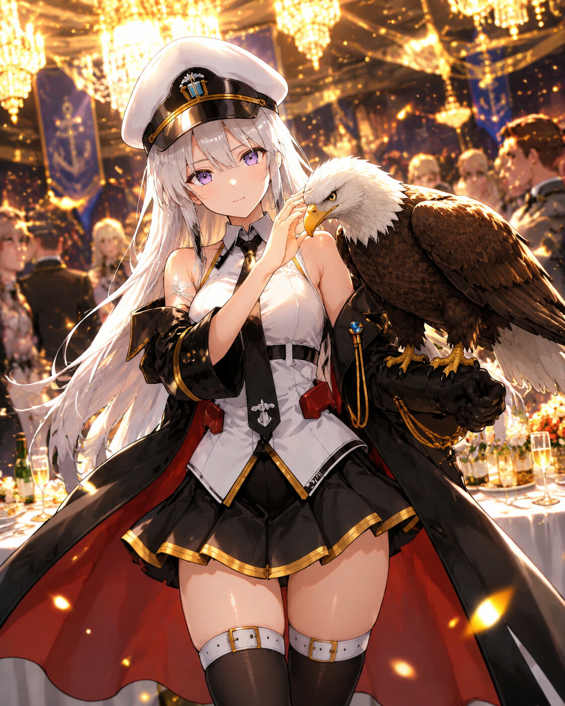 Petting an eagle resting on her gloved arm at a crowded celebratory banquet under bright chandeliers (high-octane anime)