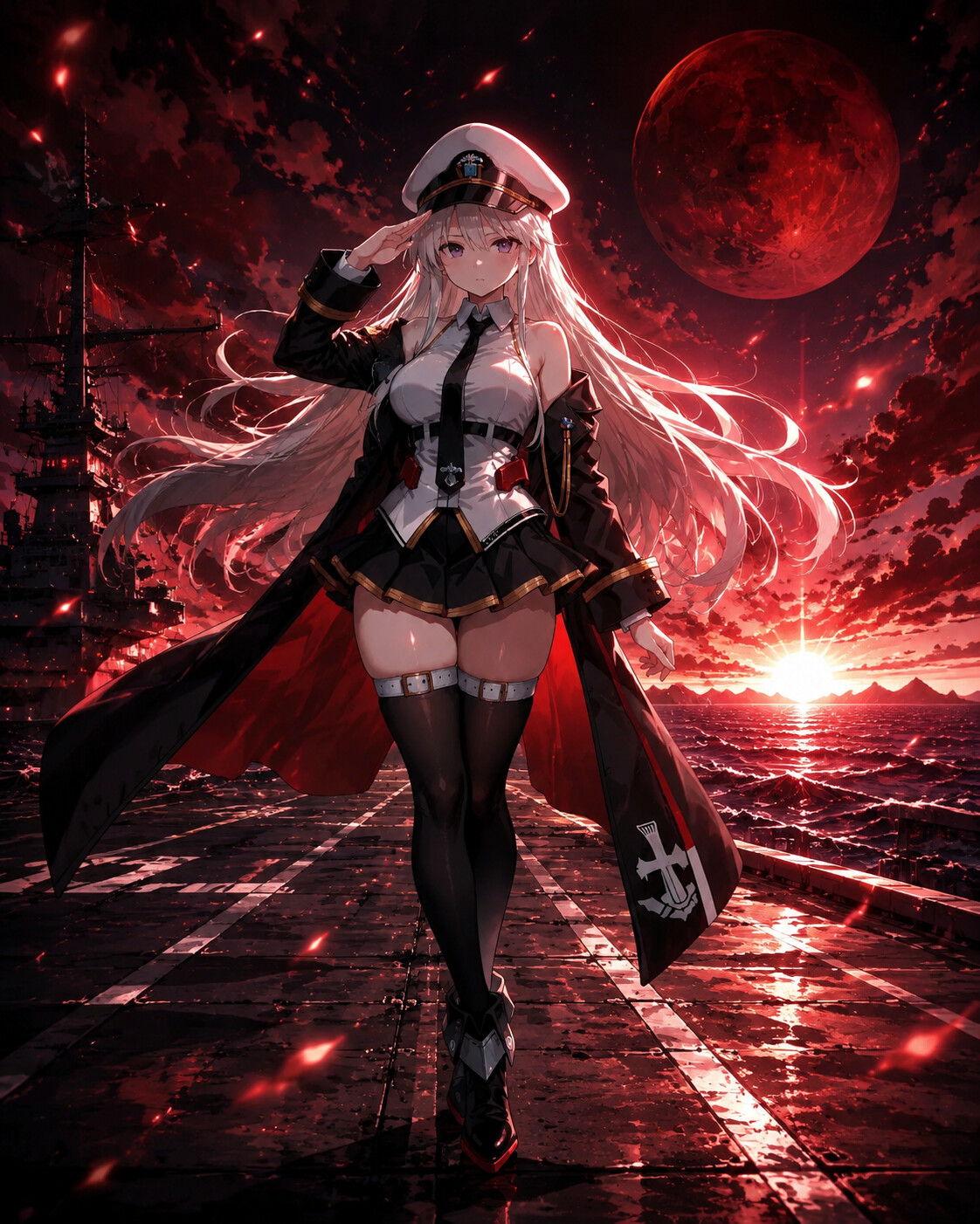 Saluting the rising sun from the flight deck on a desolate ocean under a blood-red moon (high-octane anime)