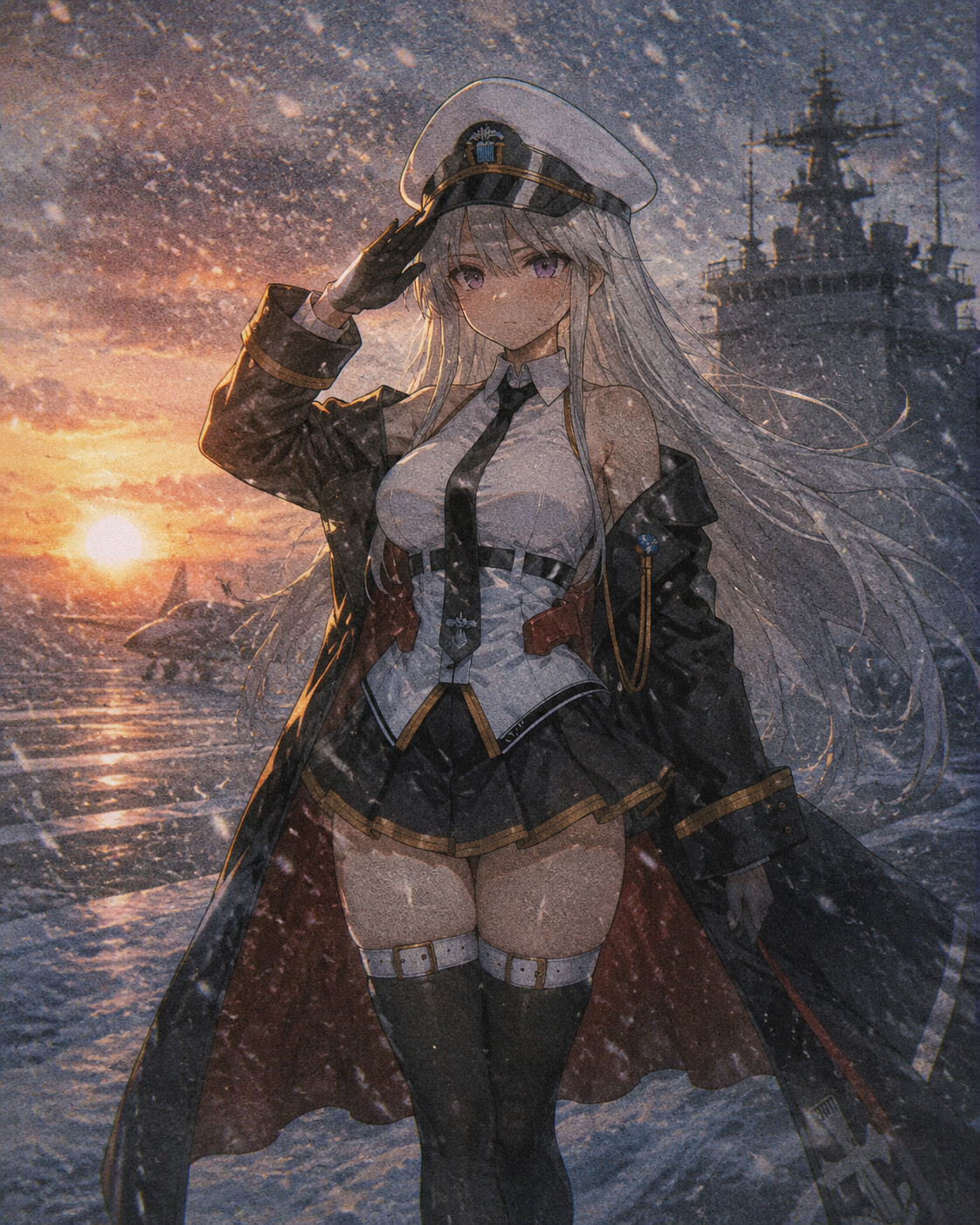 Saluting the rising sun from the flight deck on the snowy flight deck during a winter blizzard (lo-fi aesthetic)