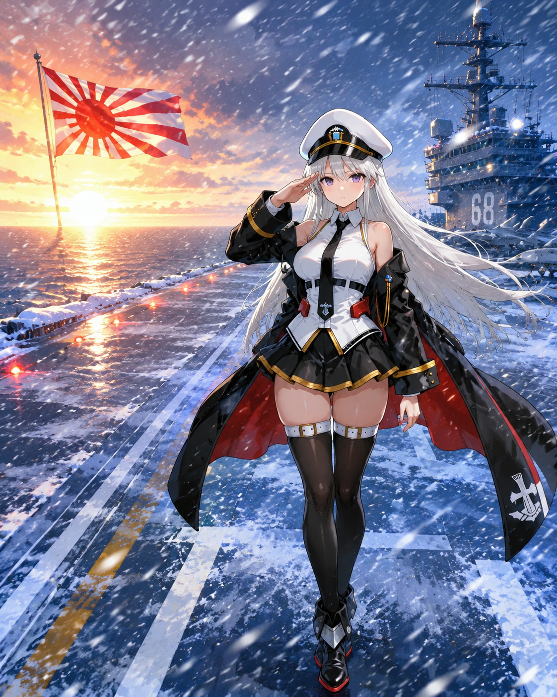 Saluting the rising sun from the flight deck On the snowy flight deck during a winter blizzard (sharp cel-shaded digital art, vibrant colors)