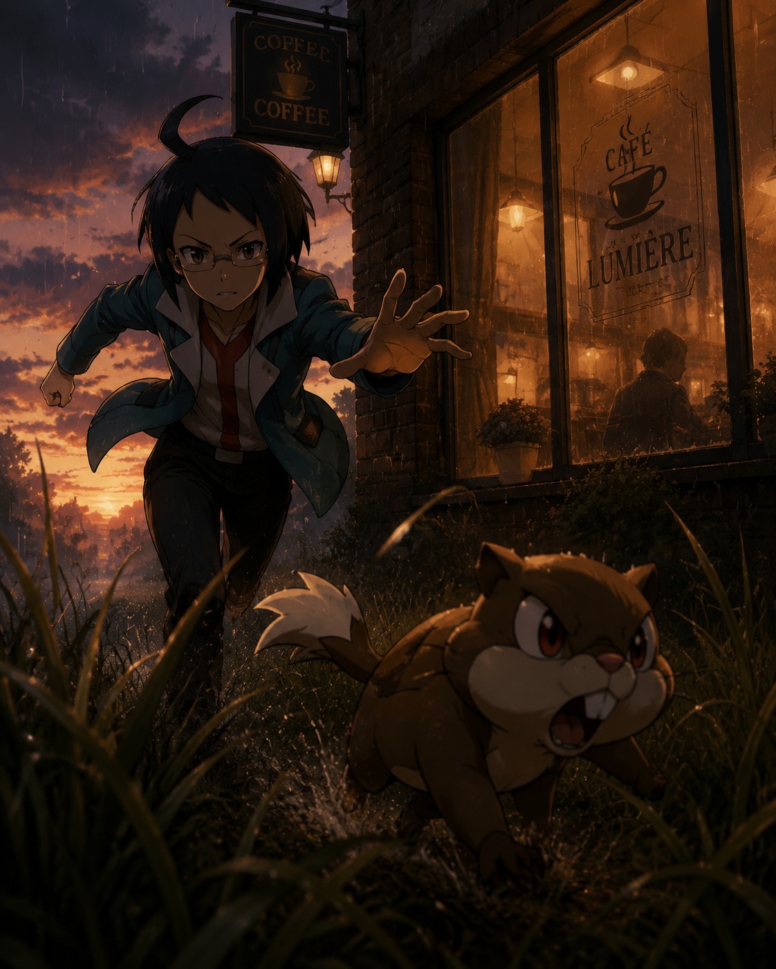Chasing a runaway patrat through tall grass At a cozy coffee shop window during sunset (cinematic noir, dramatic shadows and rain)