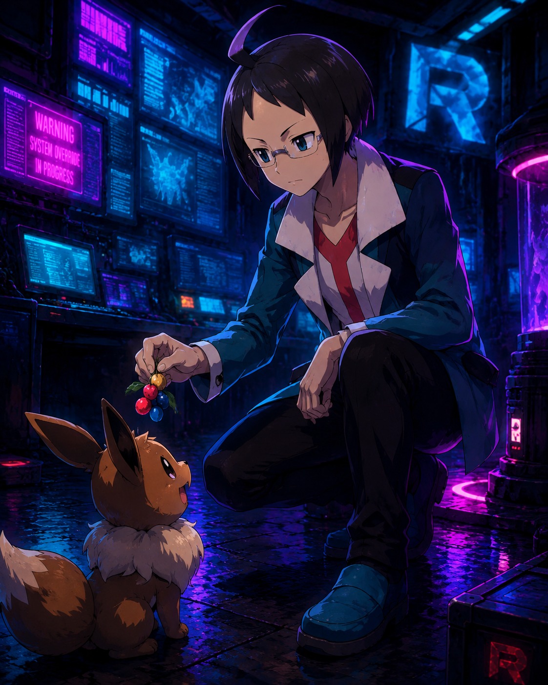 Feeding a small pokémon some berries In a secret underground base with glowing computer screens (futuristic cyber-punk, neon glow and high contrast)