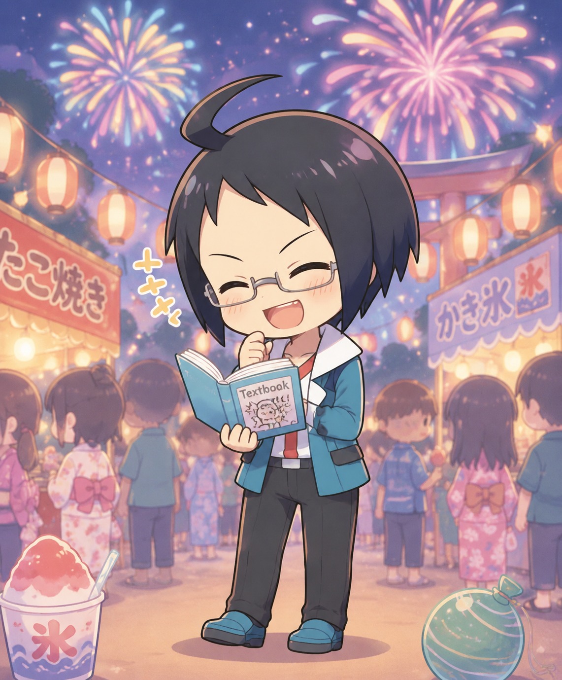 Laughing at a joke in a textbook At a bustling summer festival with fireworks overhead (chibi cute, pastel aesthetic)