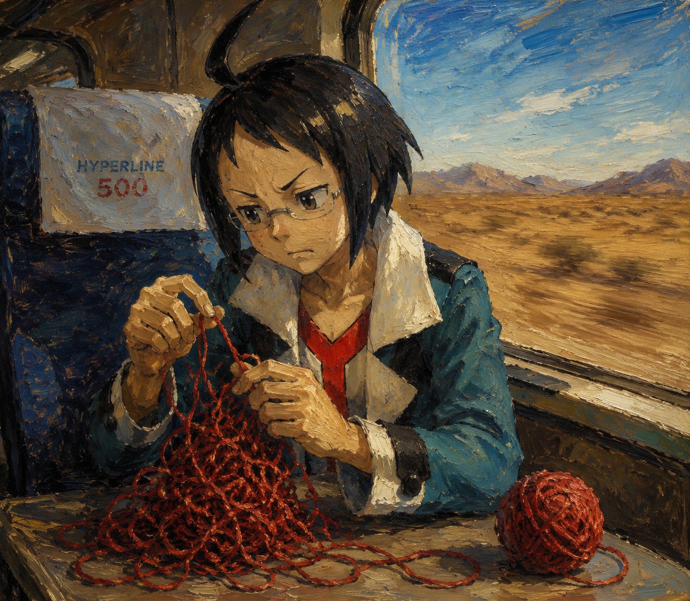Struggling to untangle a messy ball of yarn On a high-speed train passing through a desert (oil painting, thick brushstrokes and rich textures)