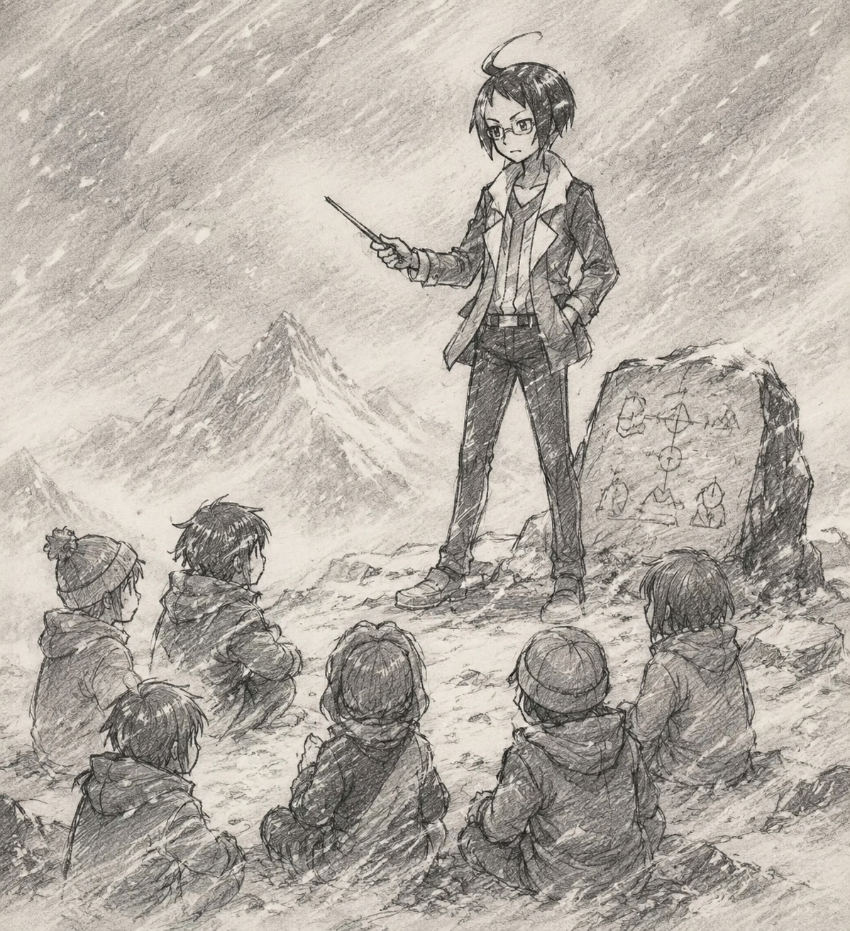 Teaching a group of young students On a windy mountain peak during a blizzard (sketch art, charcoal and minimalist lines)