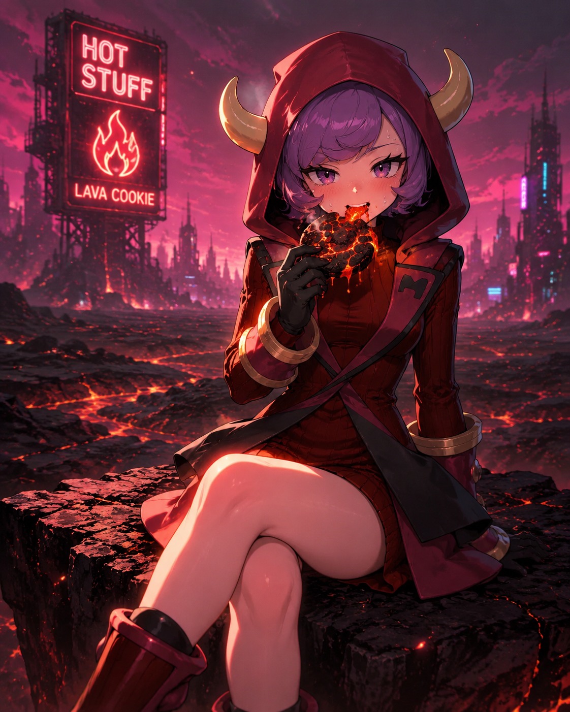 Eating a spicy lava cookie On a vast scorched desert plain (cyberpunk neon, cinematic lighting)