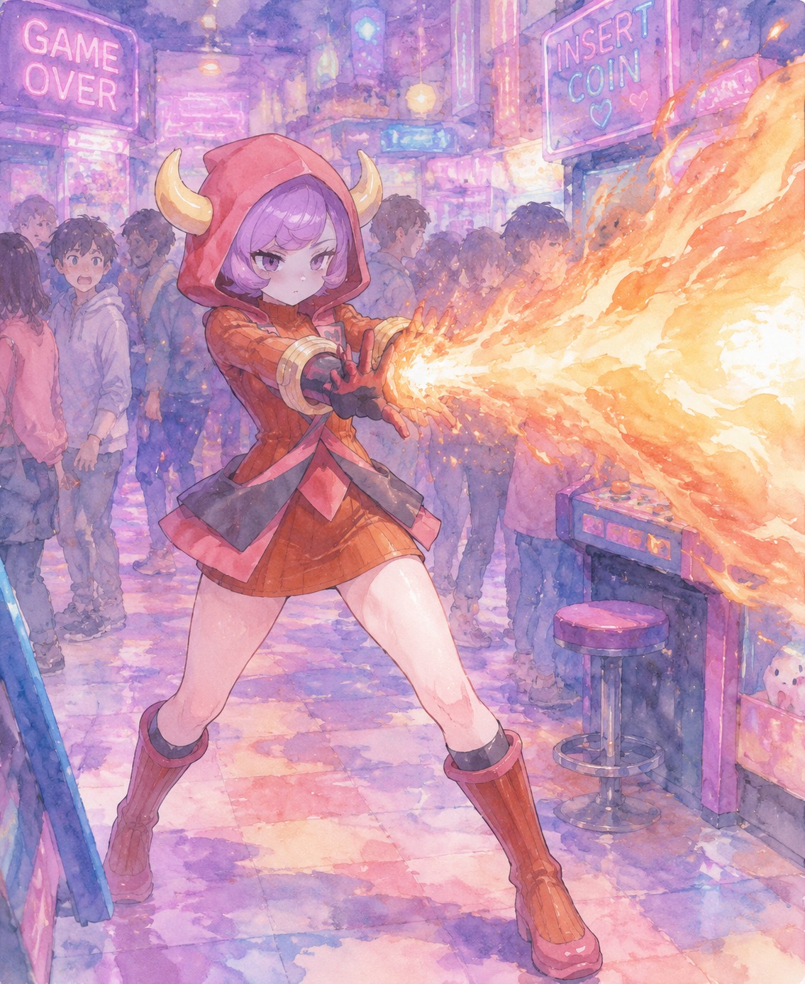 Launching a concentrated fire blast In a crowded neon-lit arcade (soft watercolor, pastel palette)