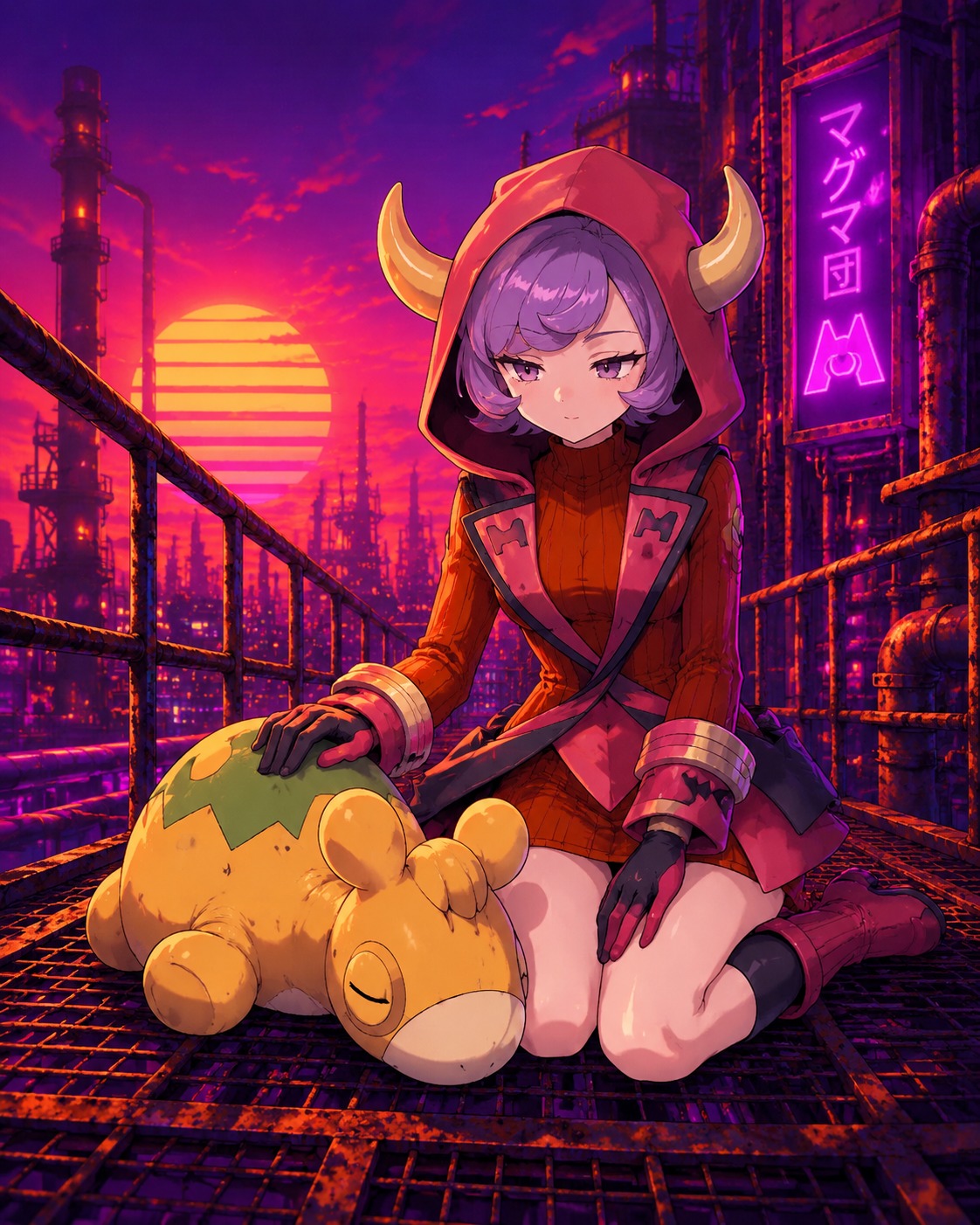 Petting a small sleeping numel On a rusted industrial metal catwalk (vibrant synthwave, orange and purple)