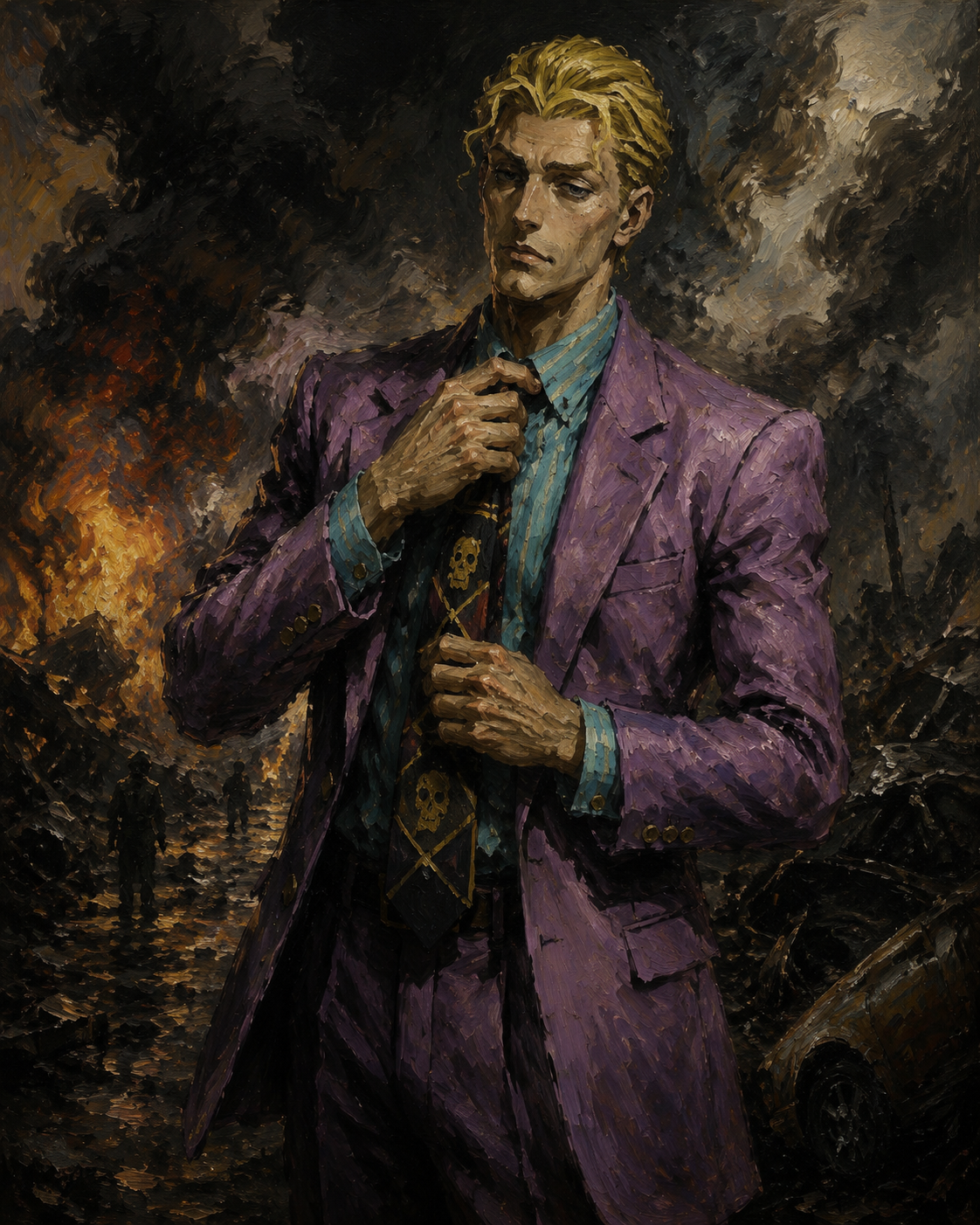Adjusting his signature skull-patterned tie At a chaotic explosion site with smoke (dark oil painting, heavy brush strokes)