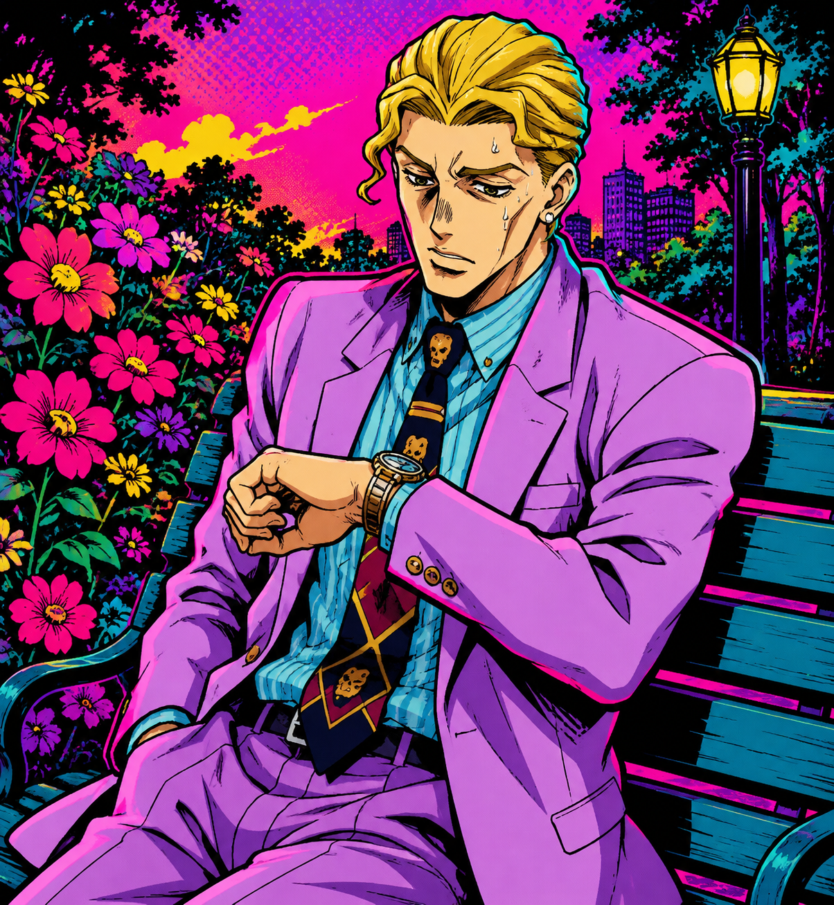 Checking his wristwatch with visible concern On a park bench beside blooming flowers (neon pop art, bold ink outlines)