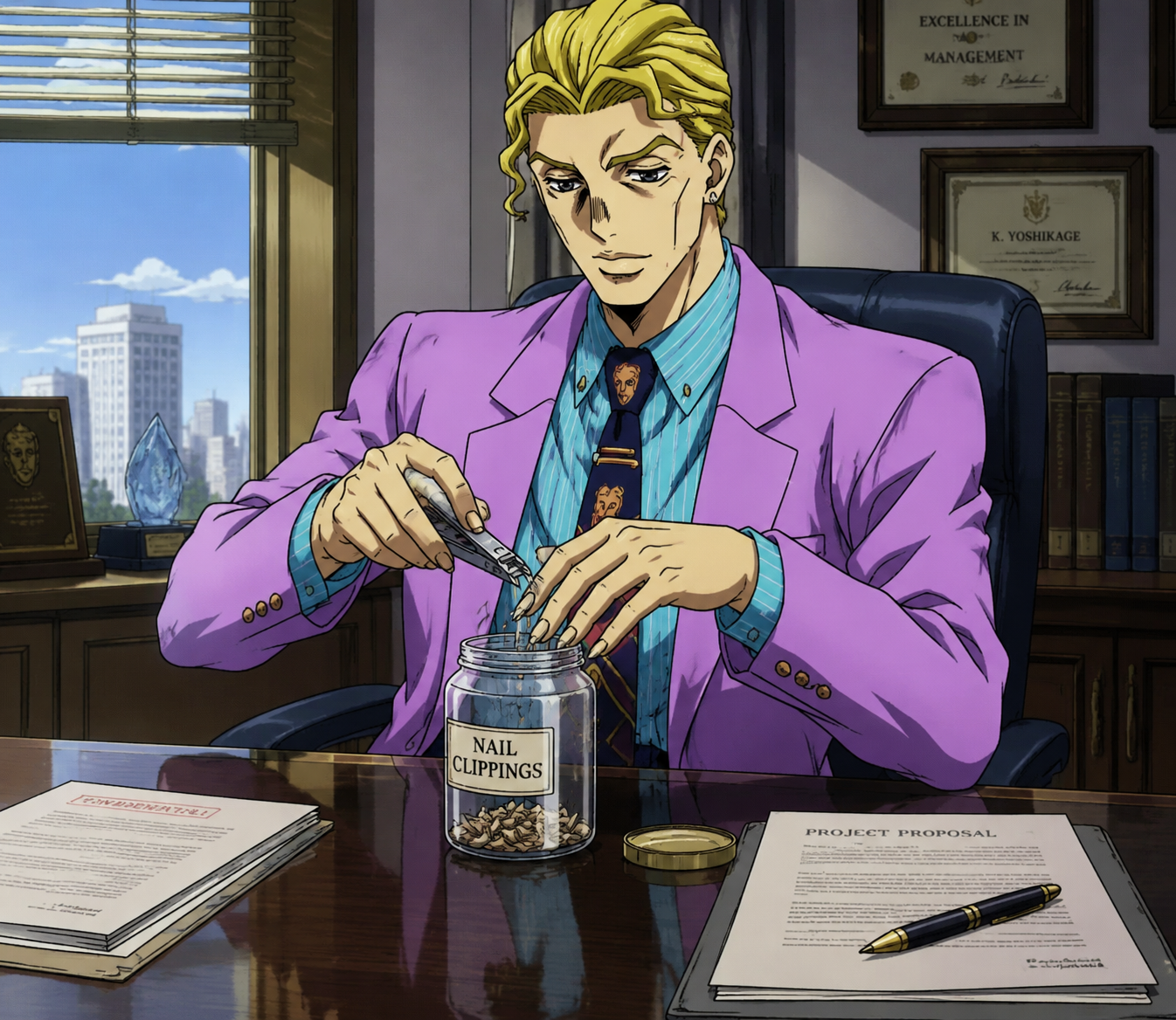 Clipping his long fingernails into a jar At a polished office desk with documents (90s retro anime, sharp cel shading)