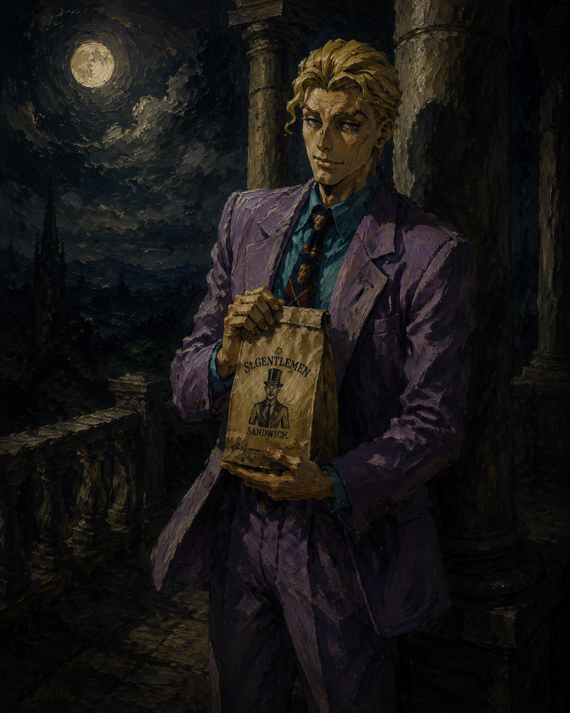 Clutching a sandwich bag from st. gentlemen On a moonlit terrace with stone pillars (dark oil painting, heavy brush strokes)