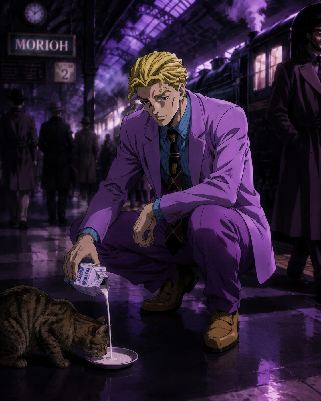Feeding a stray cat some milk At a bustling train station platform (cinematic noir, dramatic purple shadows)