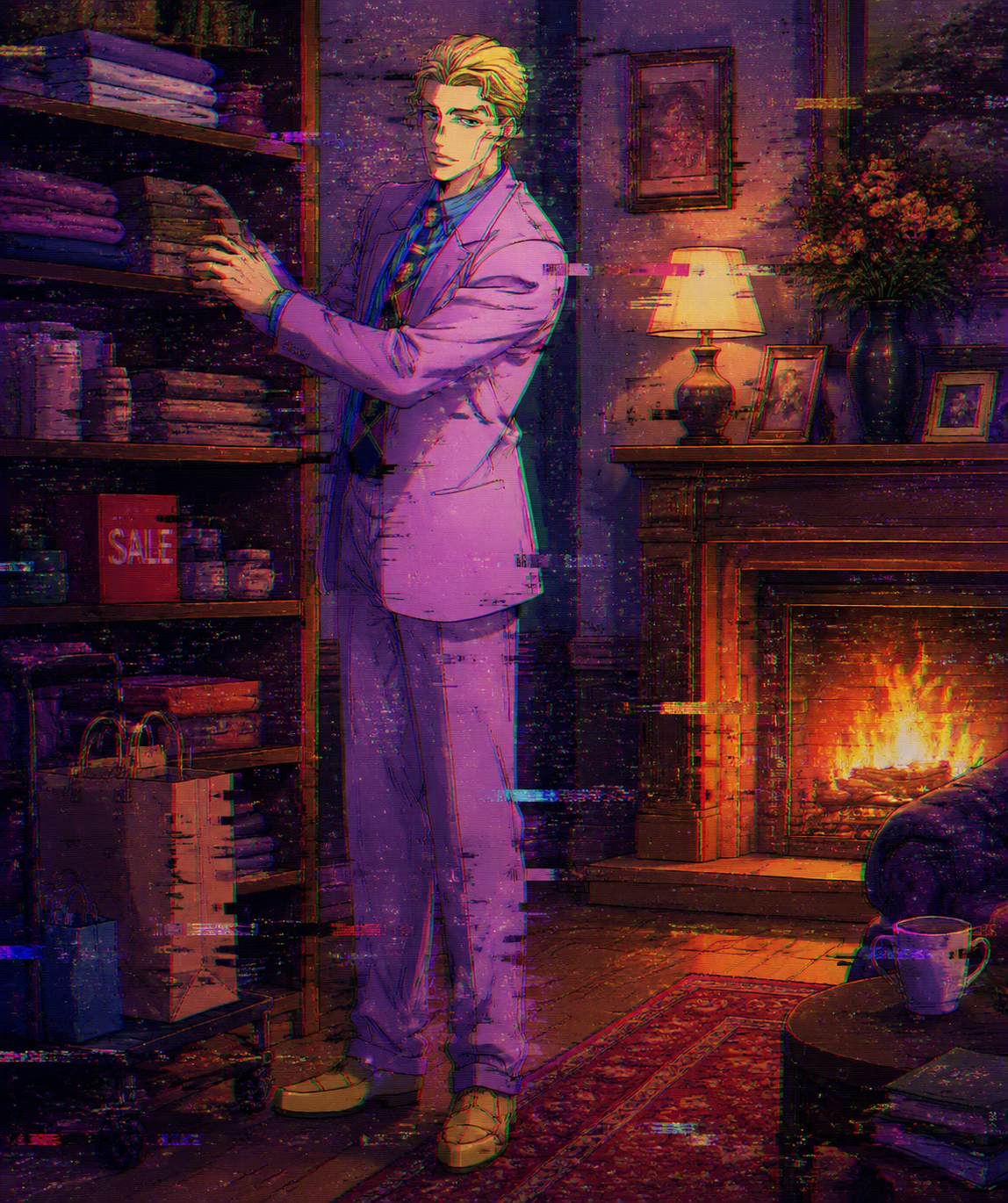 Organizing shelves at a department store In a warm living room by the fireplace (digital glitch art, distorted static effects)
