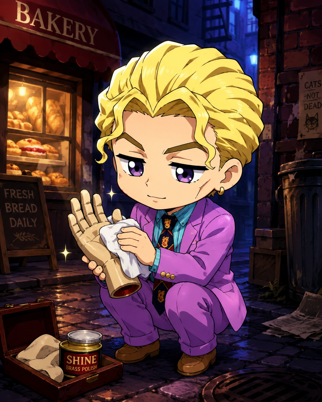 Polishing a severed mannequin hand In a shadowy alleyway near a bakery (chibi style, cute proportions and bright colors)