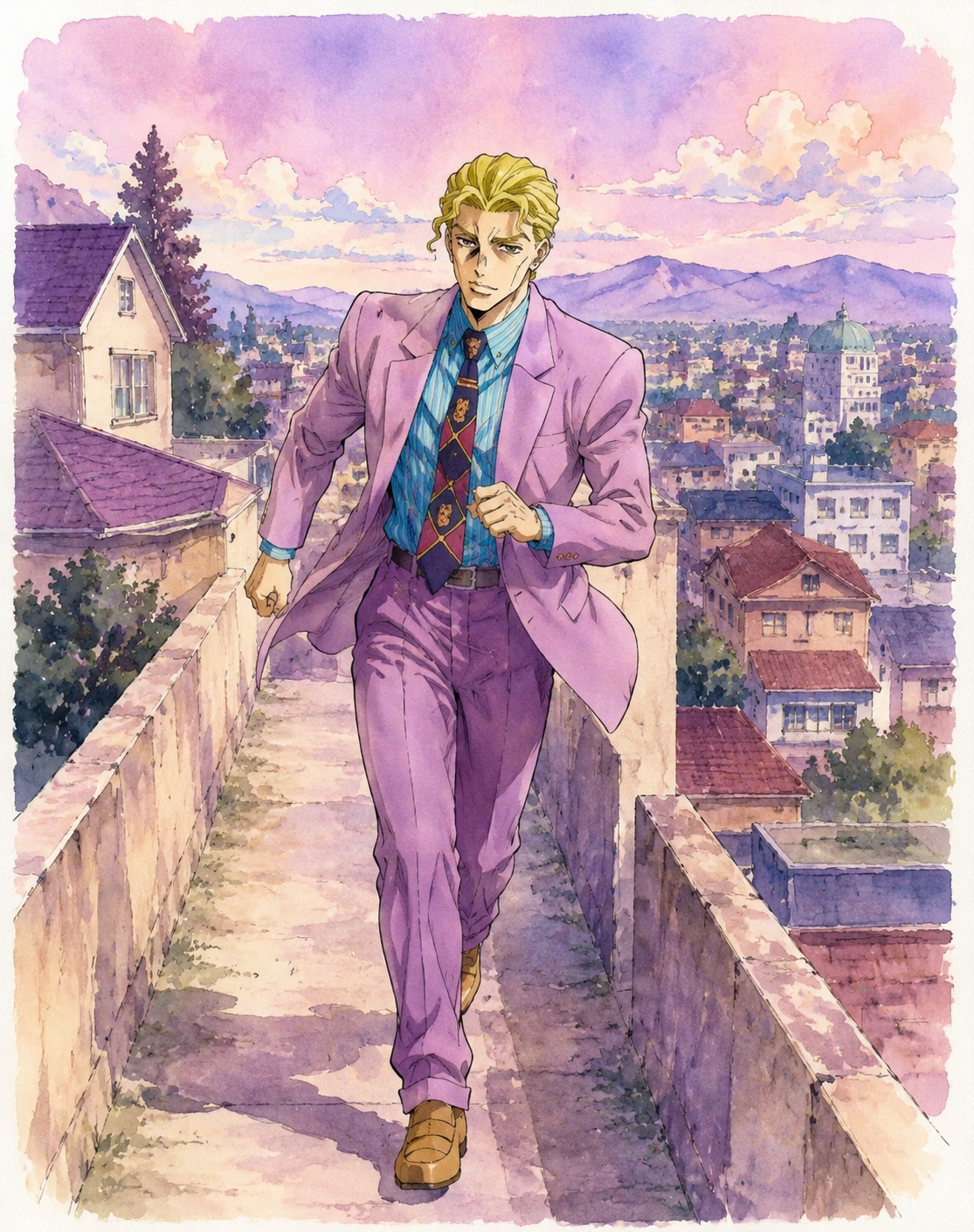 Running through a narrow residential path On a rooftop overlooking the Morioh skyline (watercolor portrait, soft edges and pastel hues)