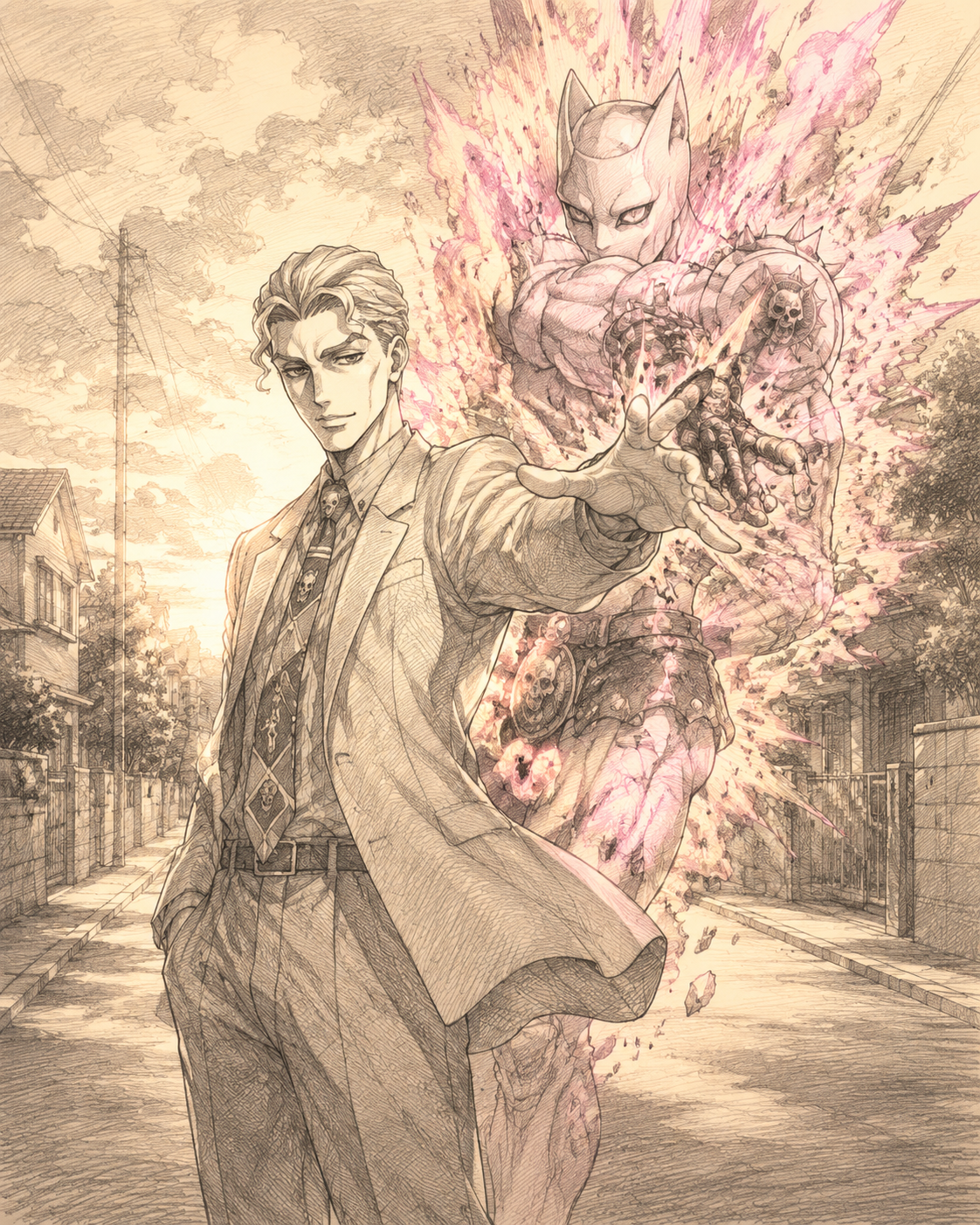Unleashing a pink explosive stand In a quiet suburban street during golden hour (graphite pencil sketch, detailed hatching)