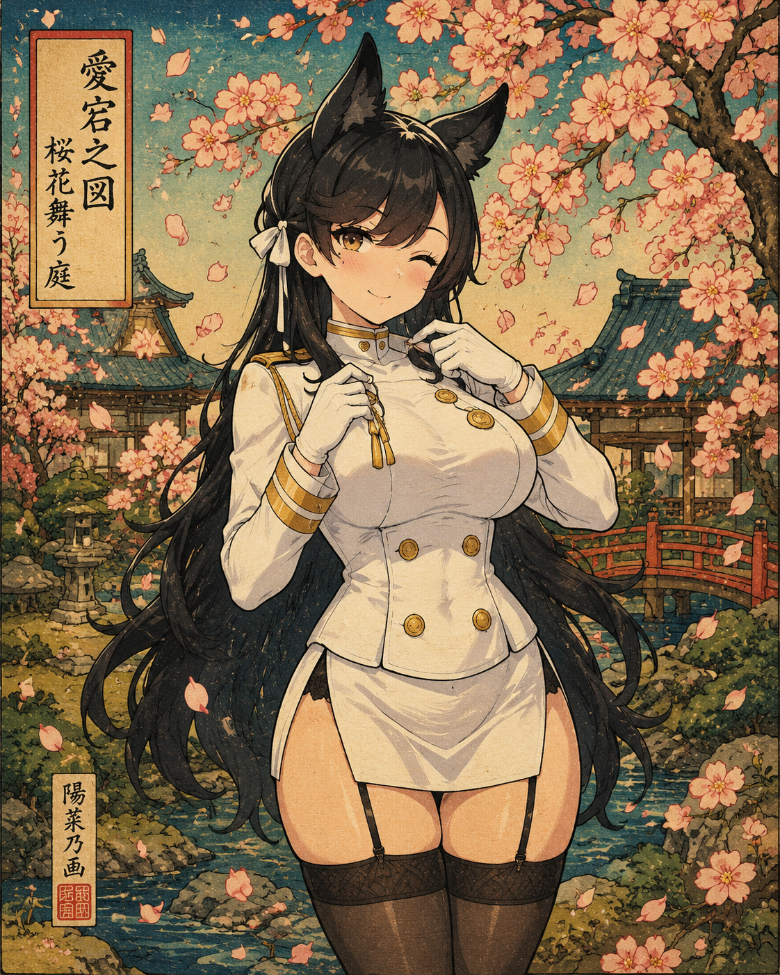 Winking playfully while adjusting her collar In a serene garden with falling cherry blossoms (traditional ukiyo-e, vibrant woodblock print)