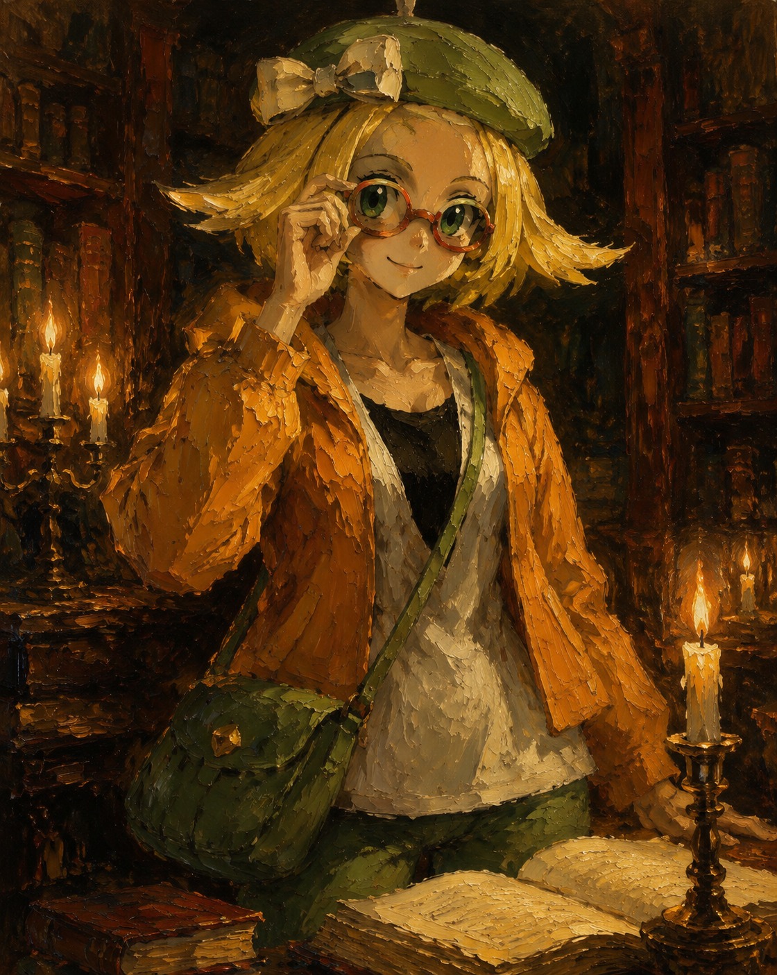 Adjusting her large orange glasses In a quiet library illuminated by flickering candlelight (dramatic oil painting, heavy brushstrokes and impasto)