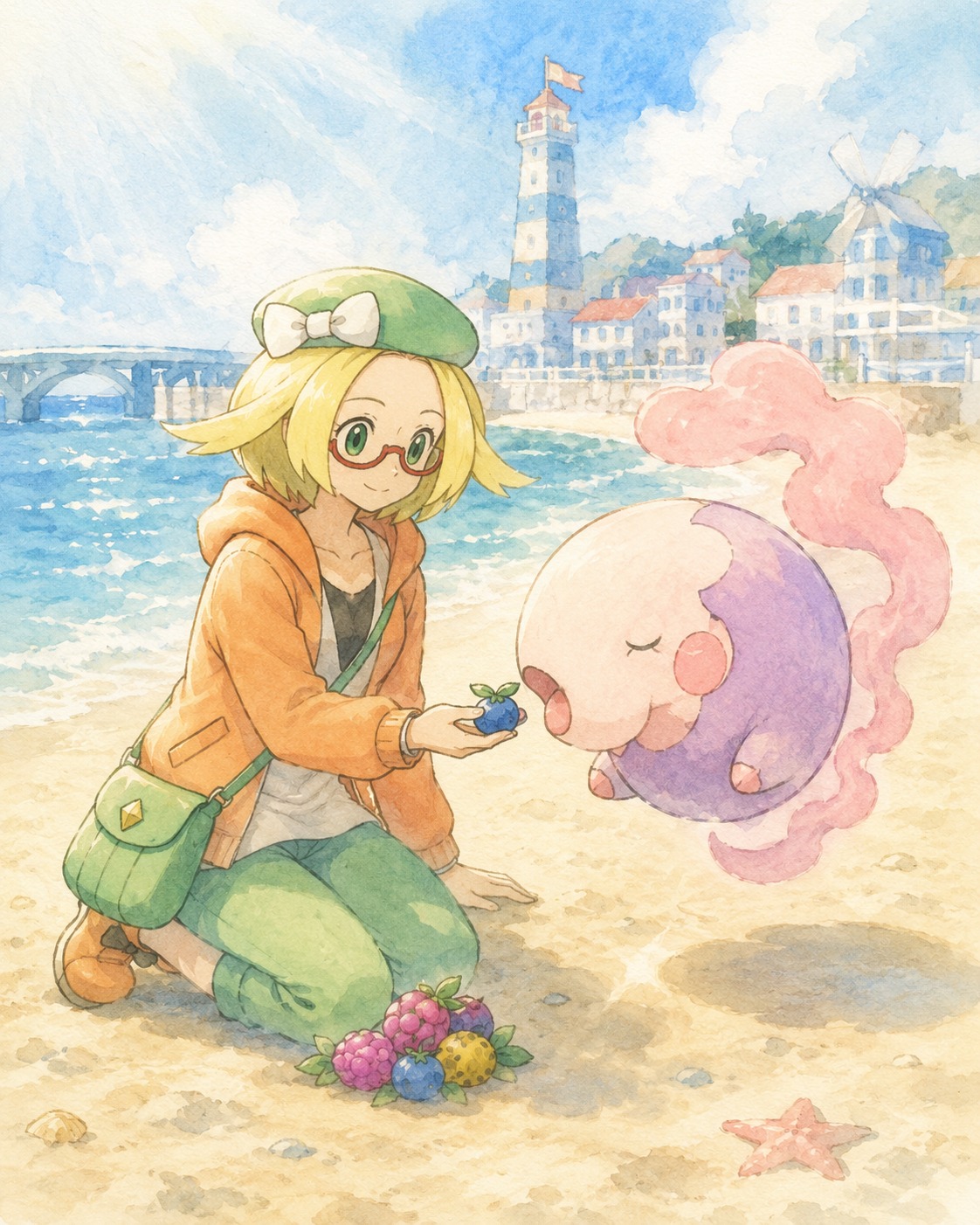 Feeding berries to a hungry musharna On a sun-drenched beach in Undella Town (soft watercolor wash, delicate pencil outlines)
