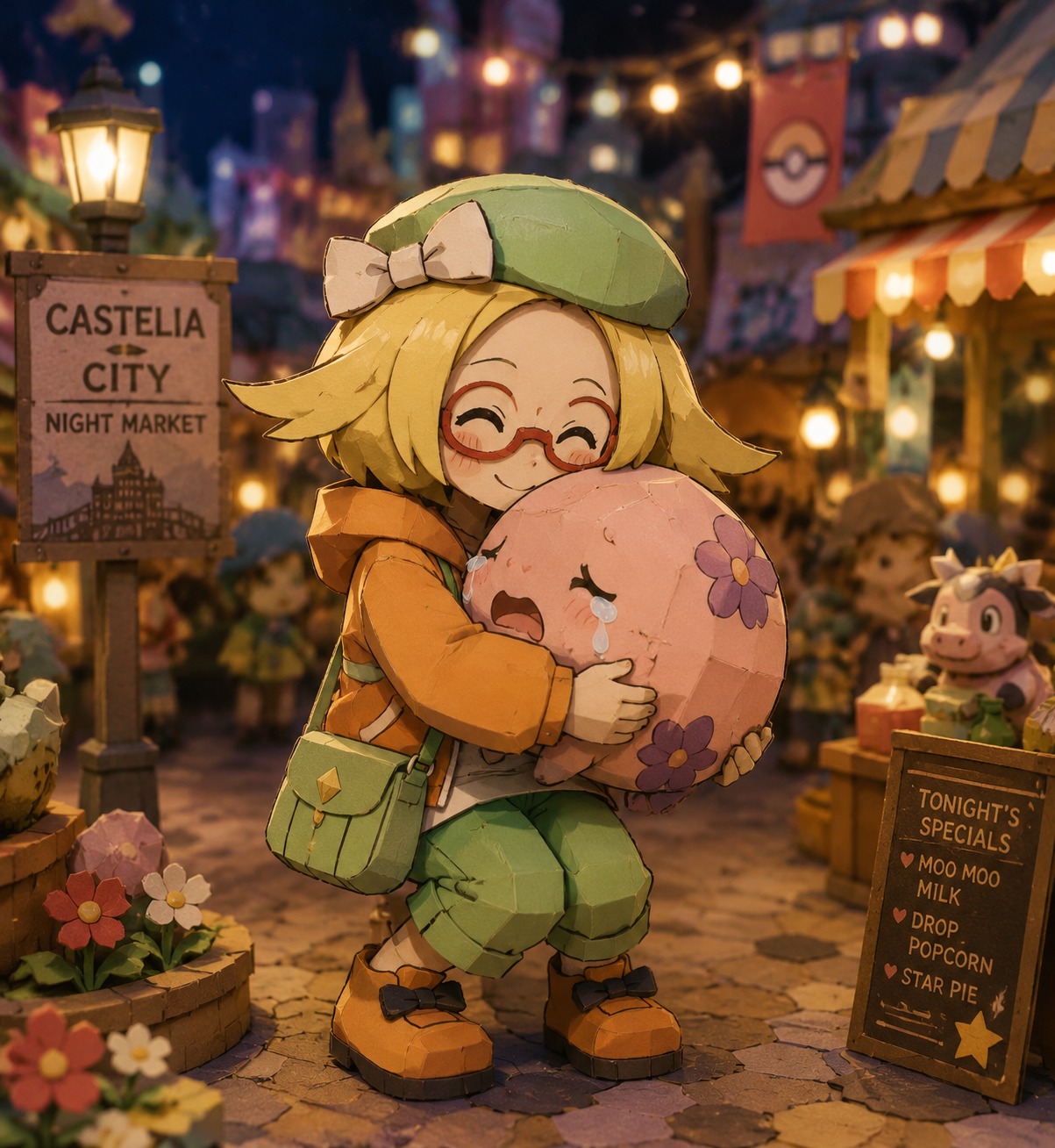 Hugging a crying munna tightly At a bustling night market in Castelia City (chibi papercraft art, whimsical diorama lighting)