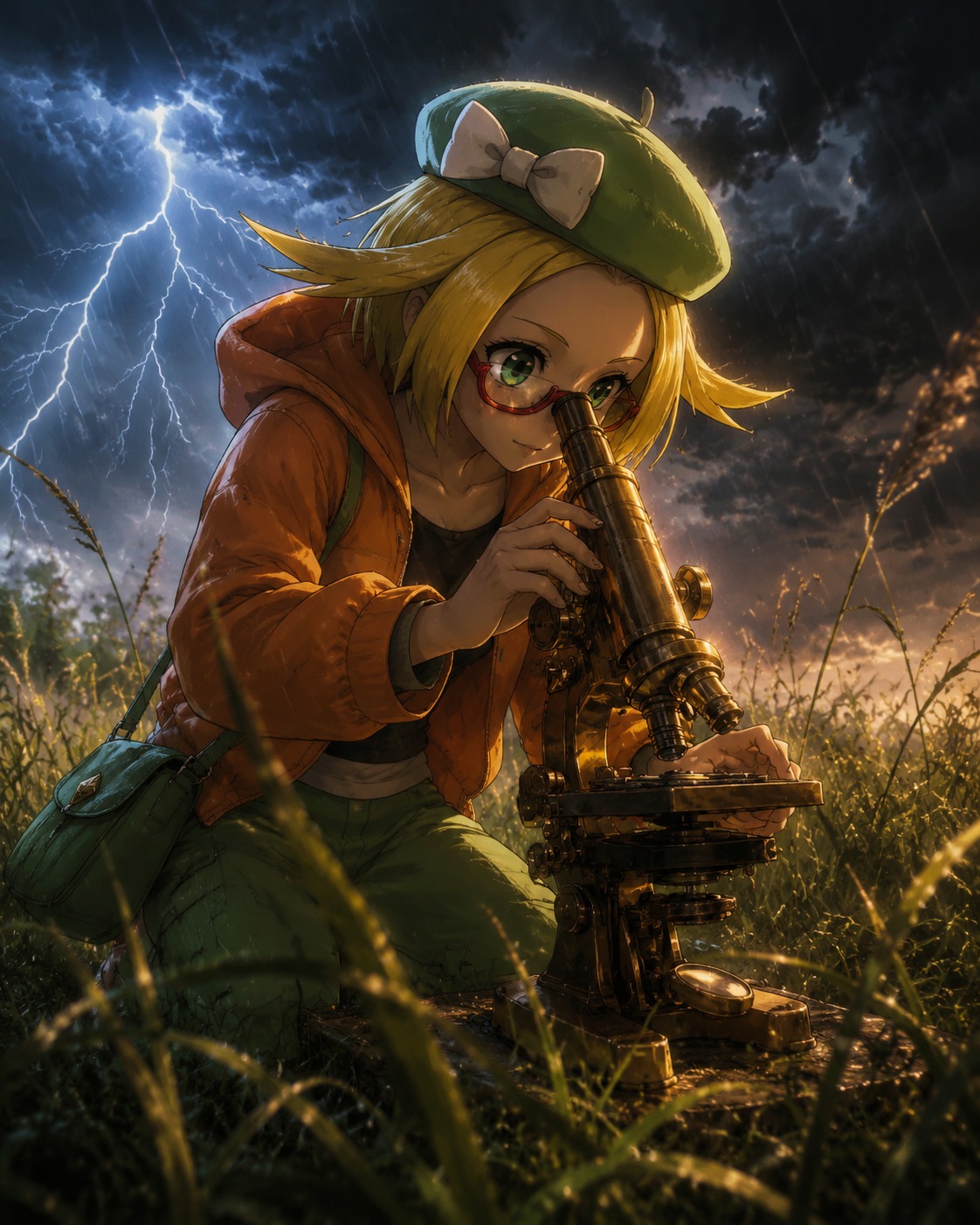 Peering through a high-powered brass microscope In a field of tall grass during a thunderstorm (cinematic fantasy concept art, sweeping epic lighting)