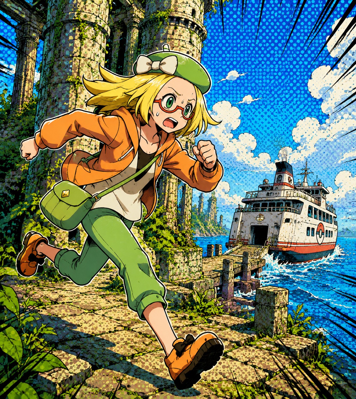 Sprinting breathlessly to catch a departing ferry In the overgrown ruins of Celestial Tower (vivid pop art style, bold outlines and halftone dots)