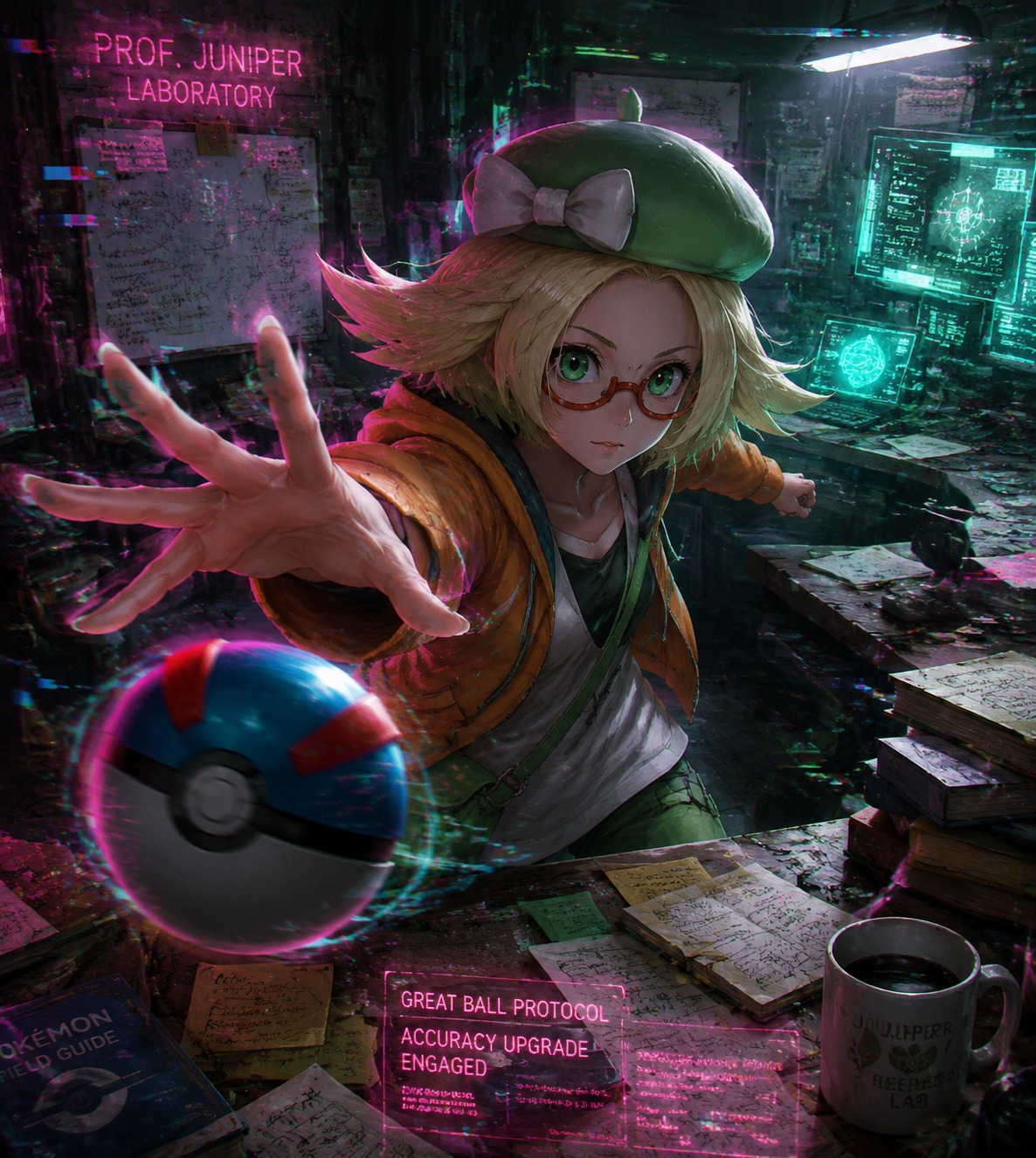 Tossing a great ball with intense focus At a cluttered desk in Professor Juniper's lab (gritty cyberpunk aesthetic, neon glitch effects)